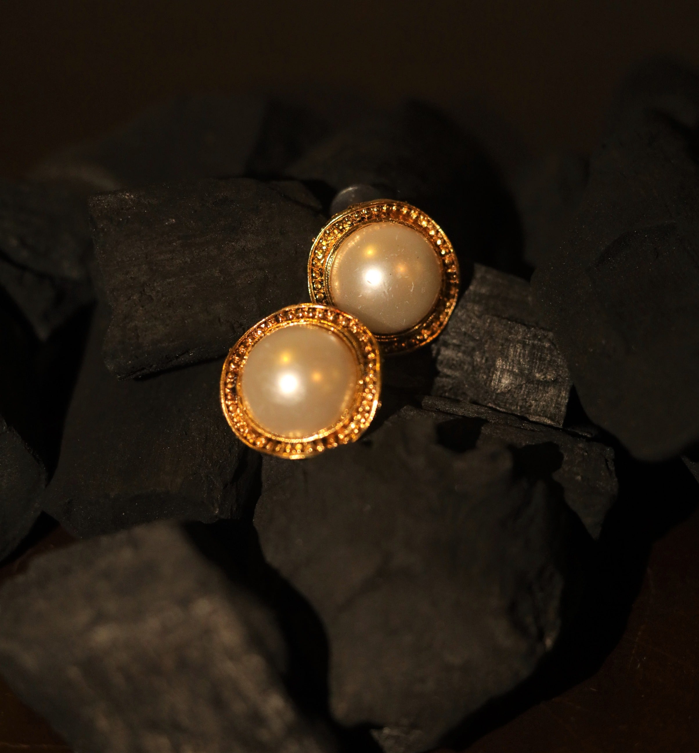 White Pearl Stud Earrings with Yellow Metal