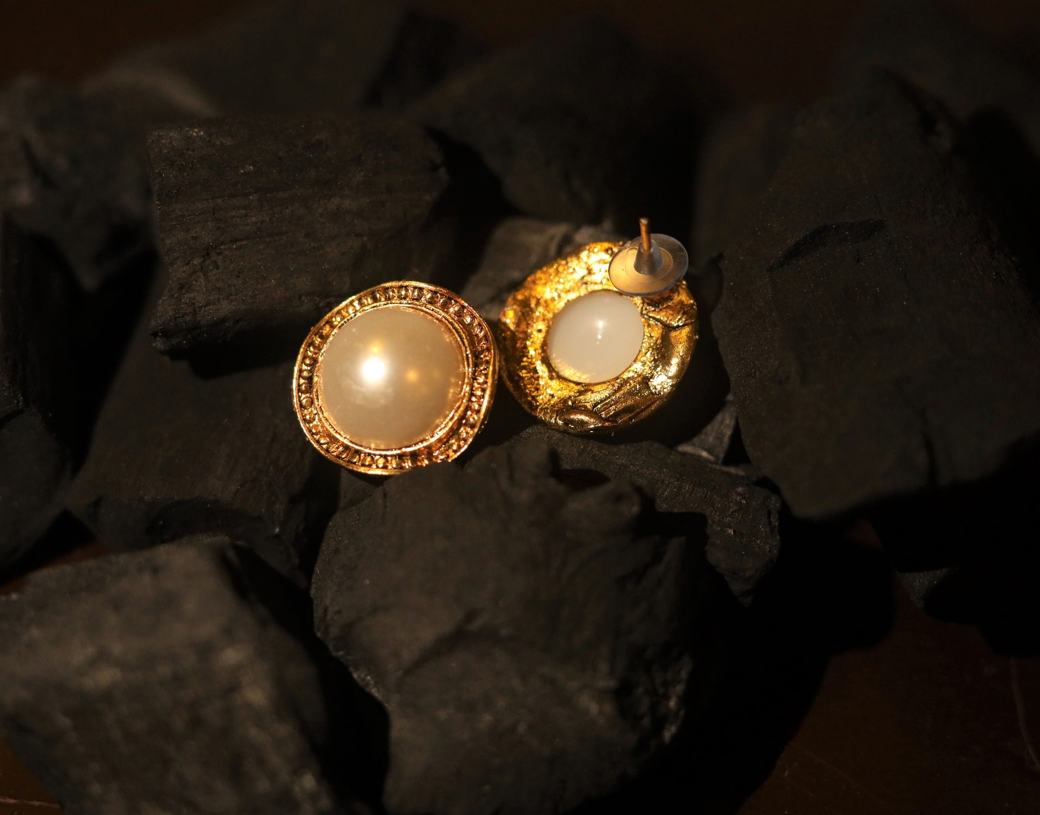 White Pearl Stud Earrings with Yellow Metal