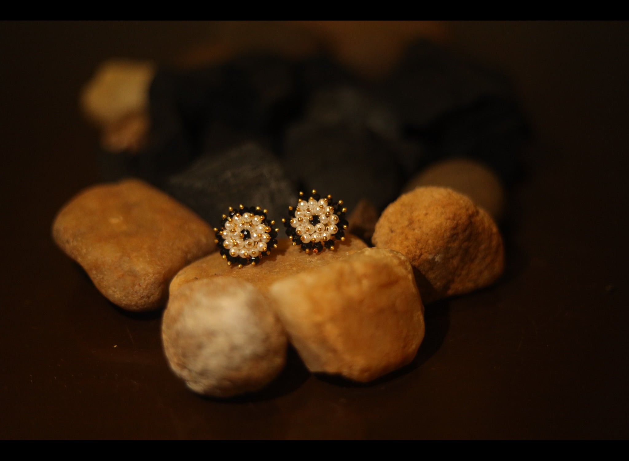 Black Beads with Pearls Earrings