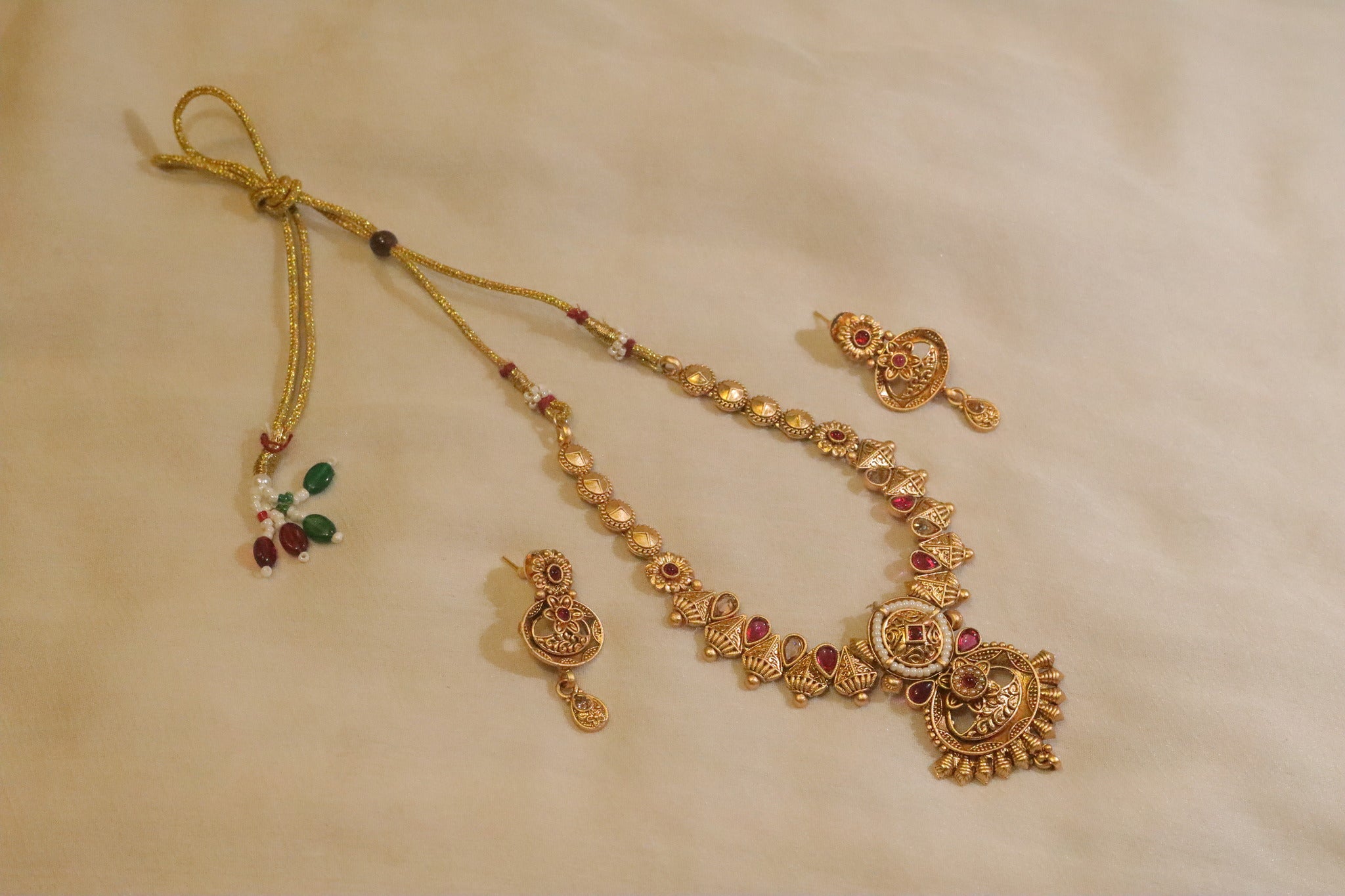 Gold Plated Rajwadi Necklace Set With Red Stone