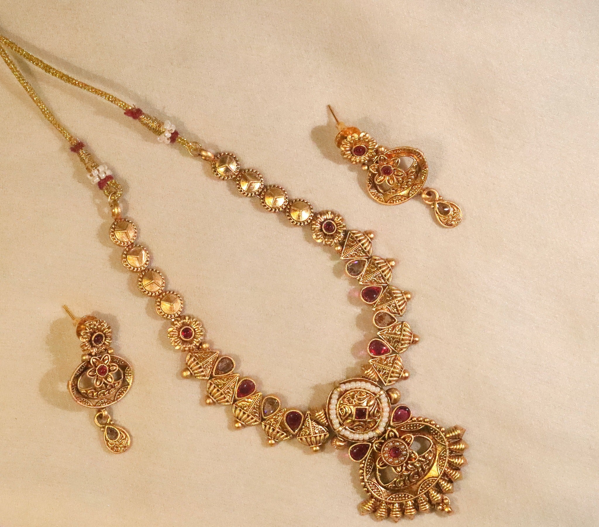 Gold Plated Rajwadi Necklace Set With Red Stone