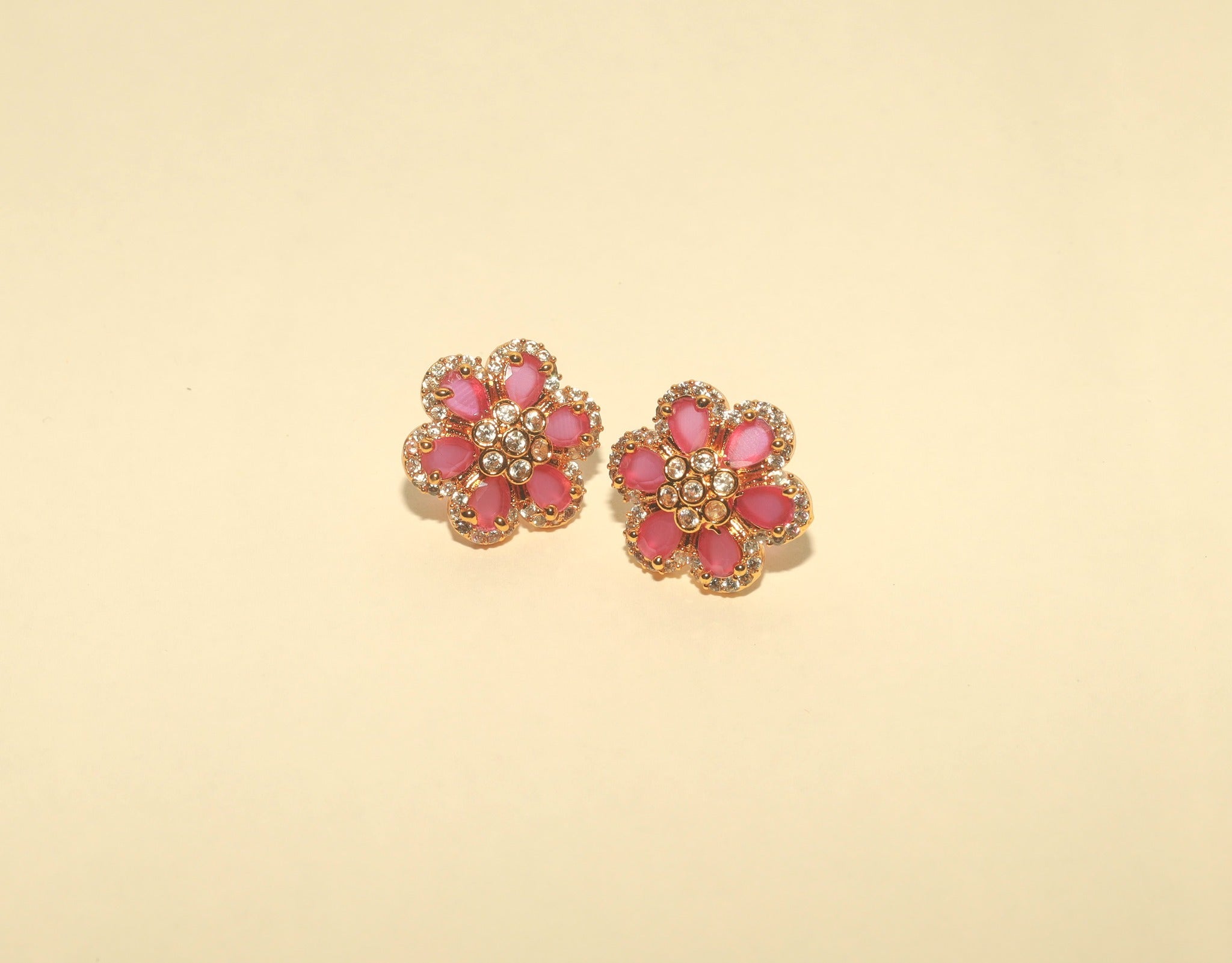 Gold Plated Pink Stone Studded Earrings For Women