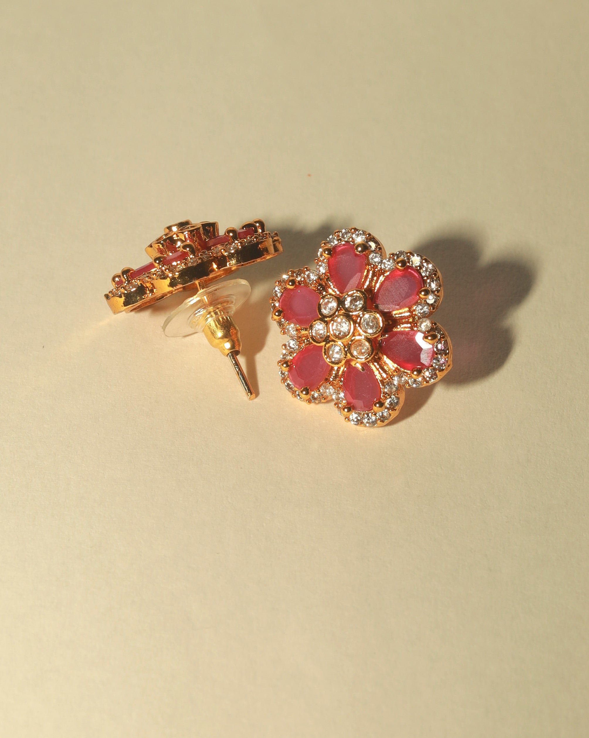 Gold Plated Pink Stone Studded Earrings For Women