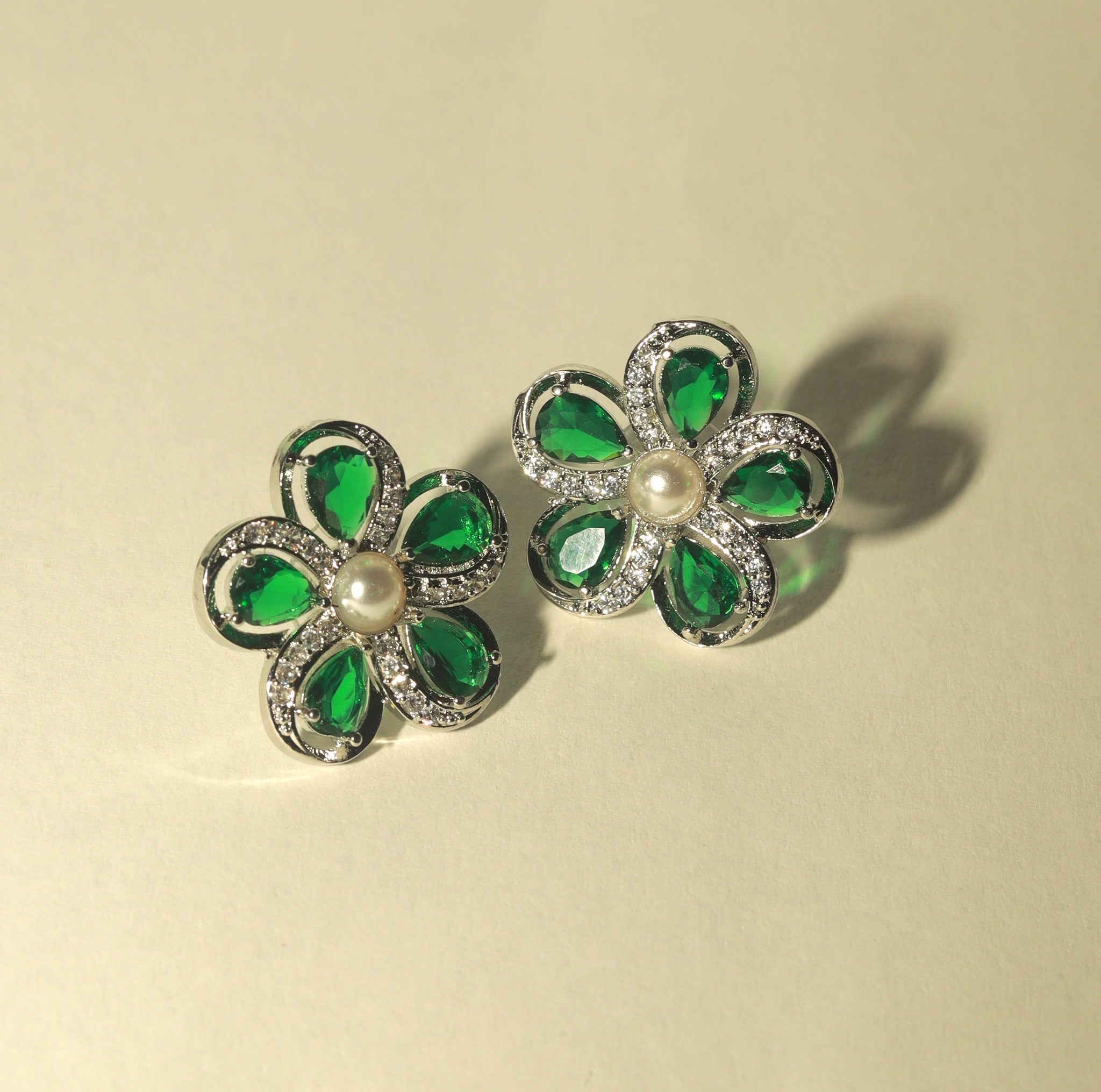 Silver Finish American Diamond Floral Earrings For Women