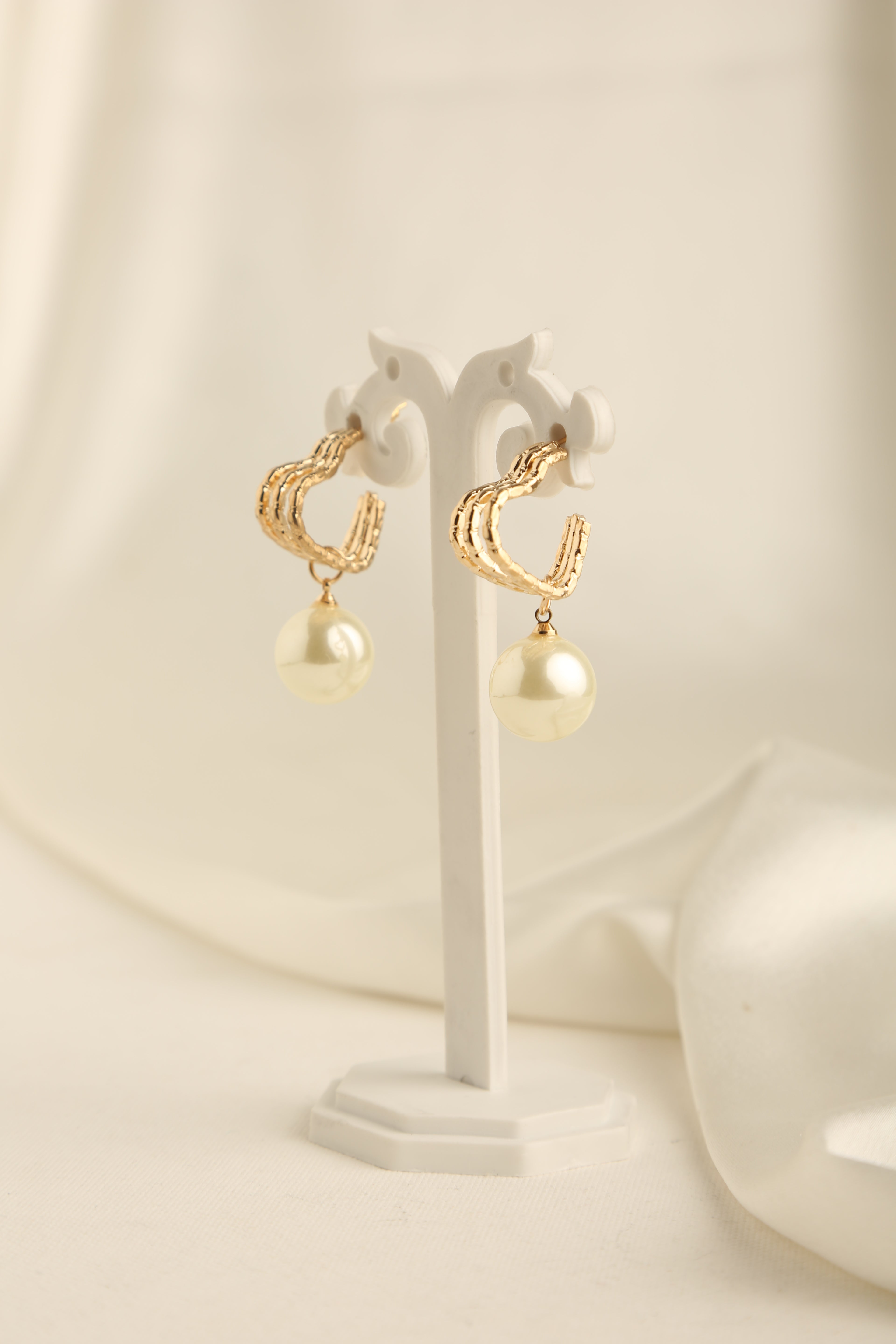 Gold Polish Heart Shaped Single Pearl Earrings for Women