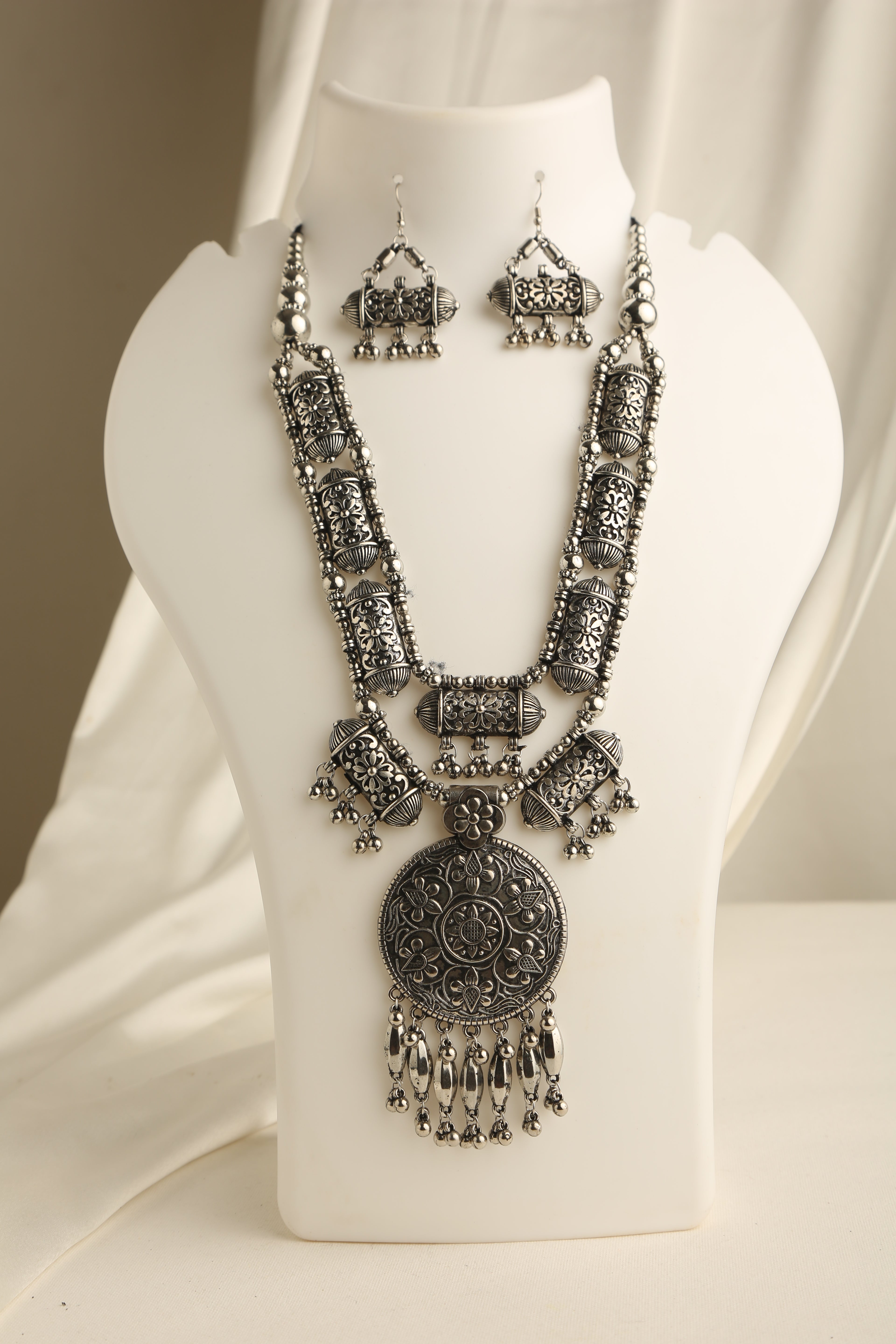 Silver Oxidised Long Necklace Set with Earrings for Women