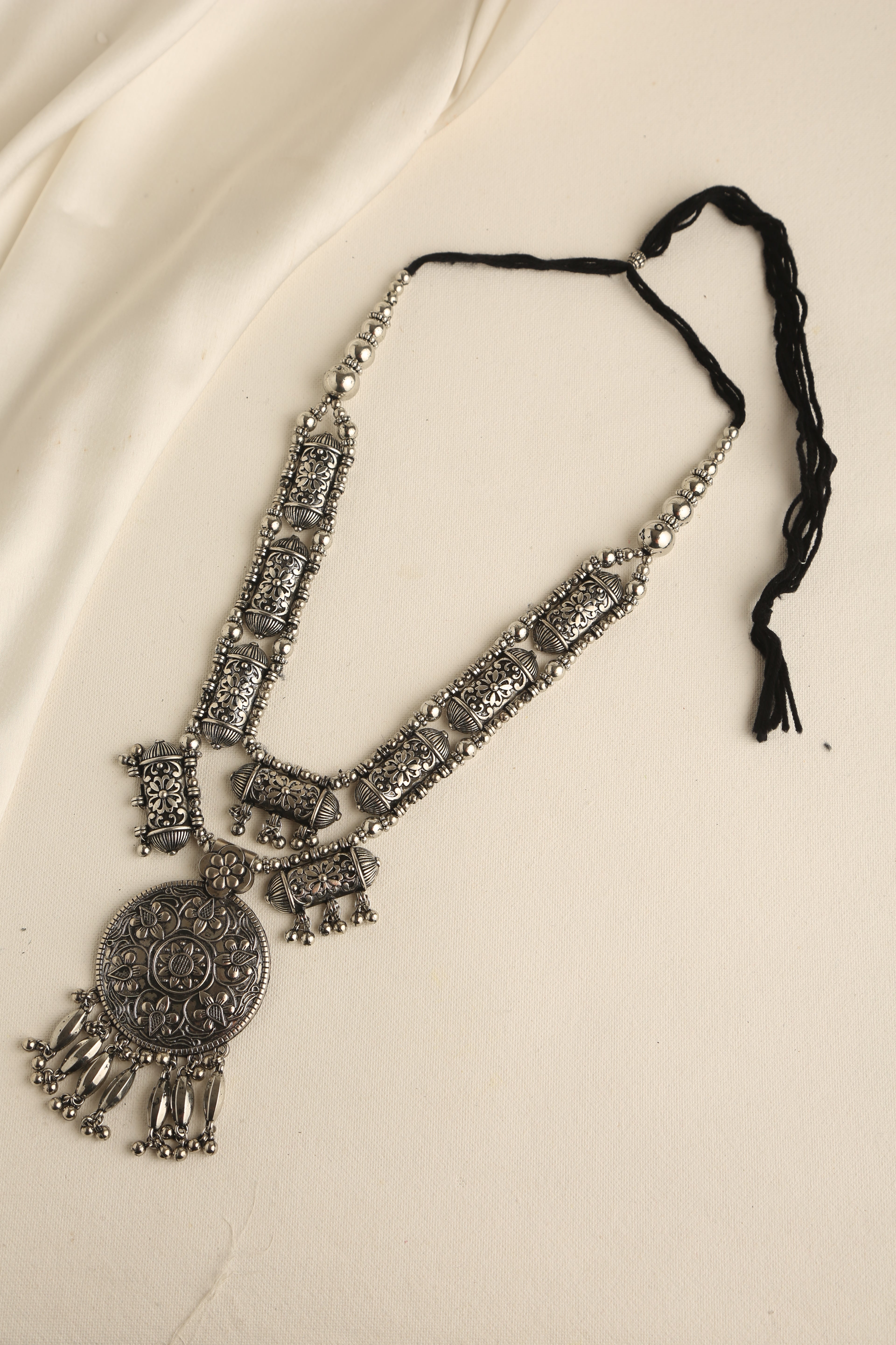 Silver Oxidised Long Necklace Set with Earrings for Women
