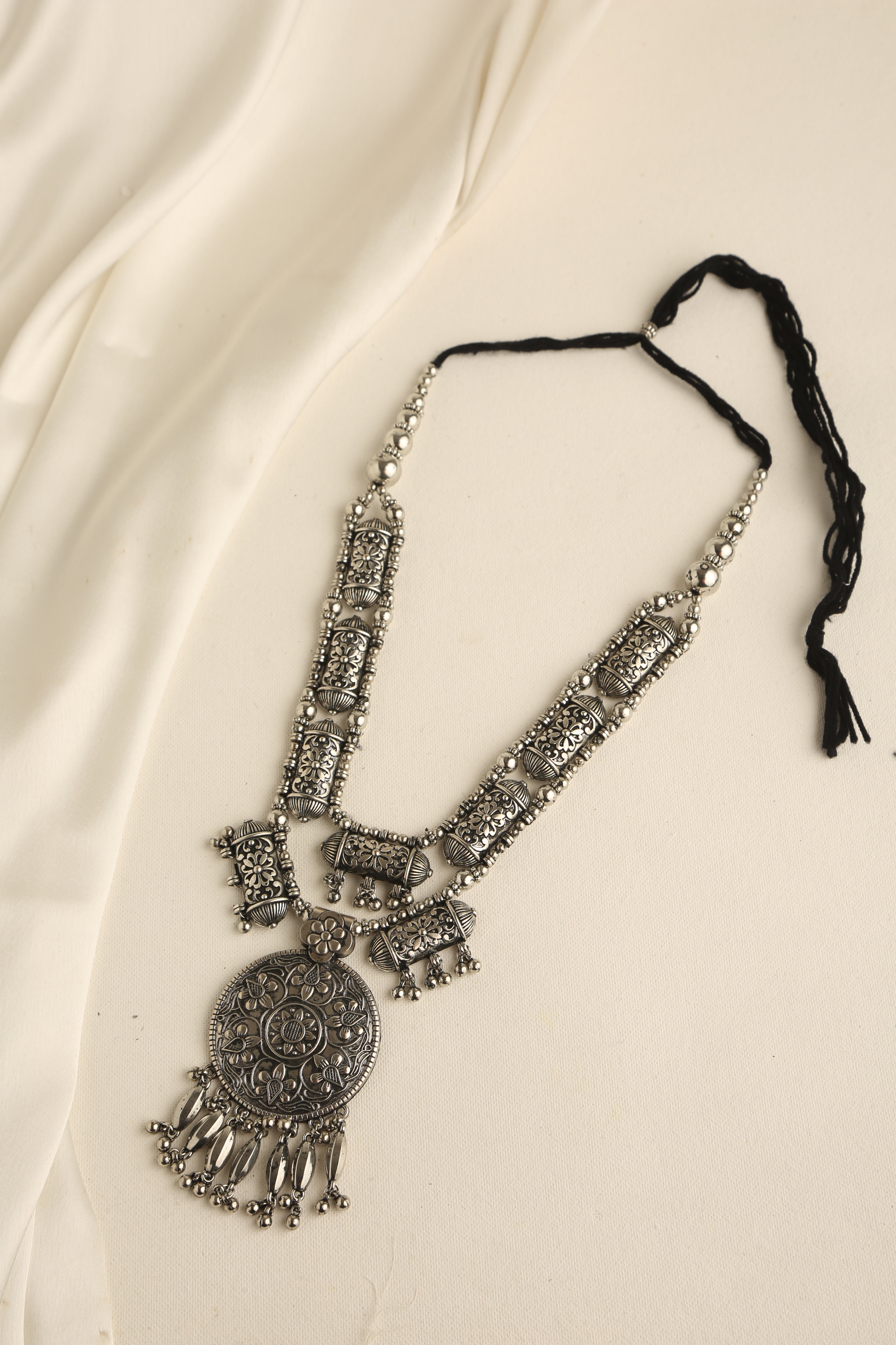 Silver Oxidised Long Necklace Set with Earrings for Women