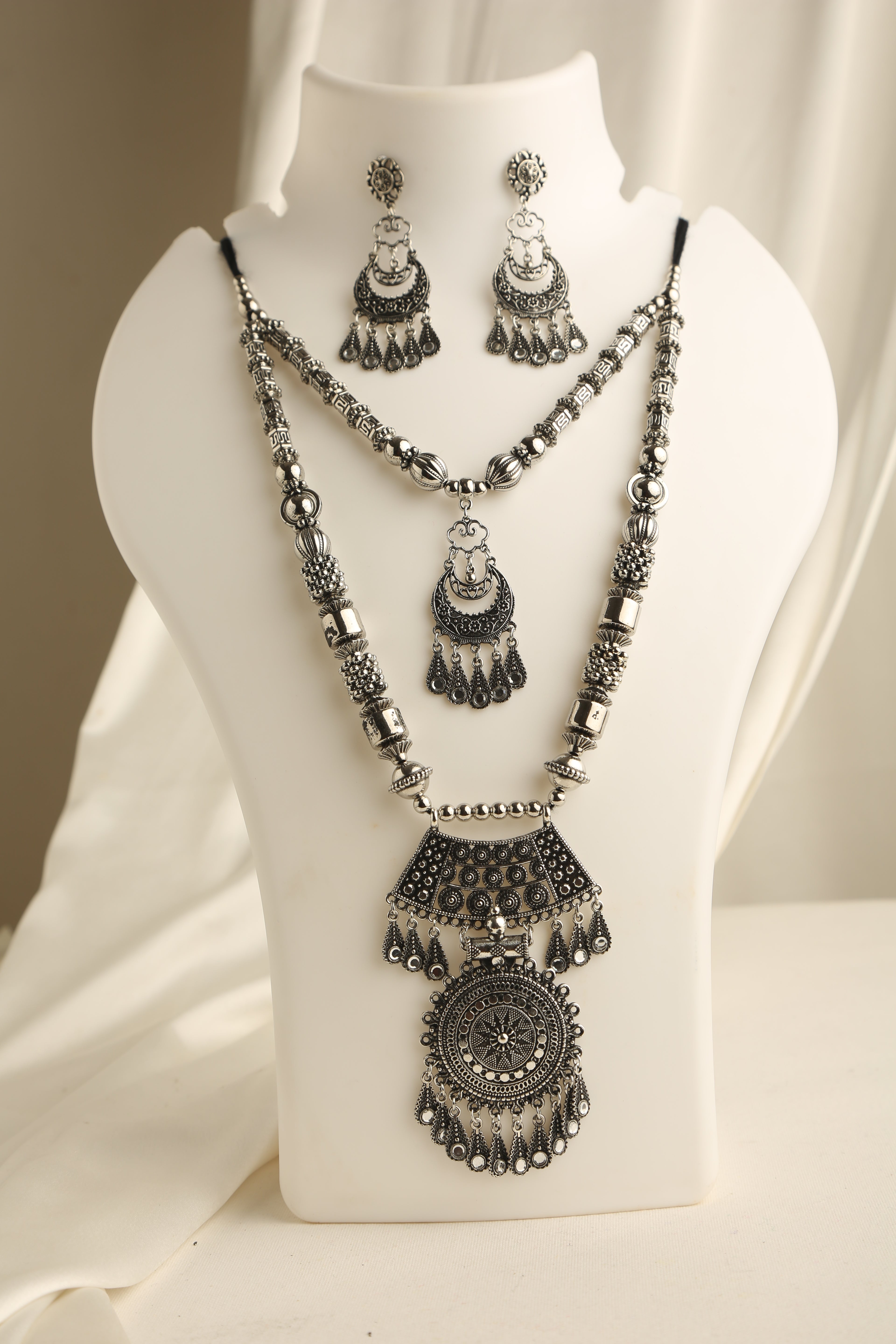 Oxidized Silver Plated Long Double layered Necklace Set for Women