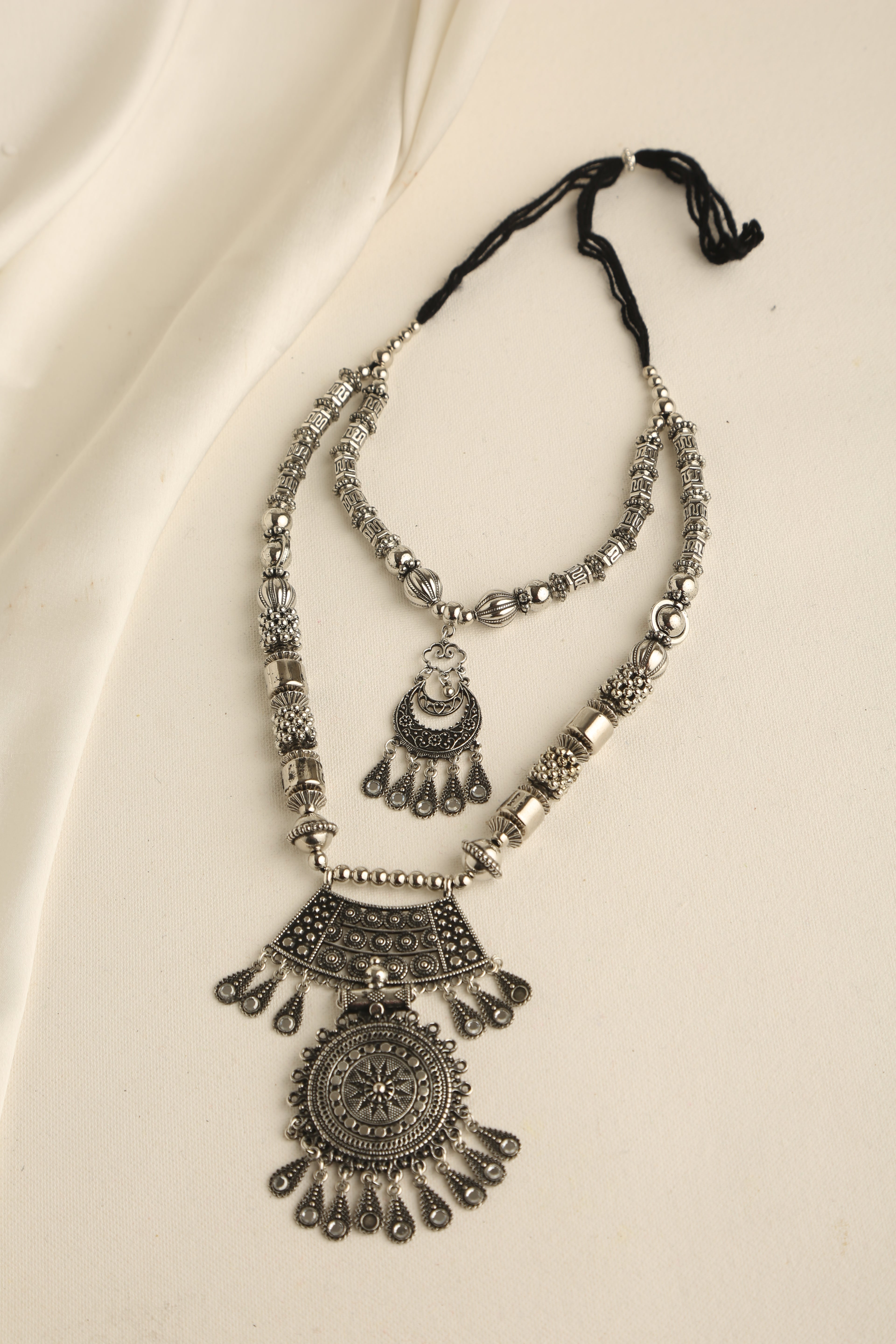Oxidized Silver Plated Long Double layered Necklace Set for Women