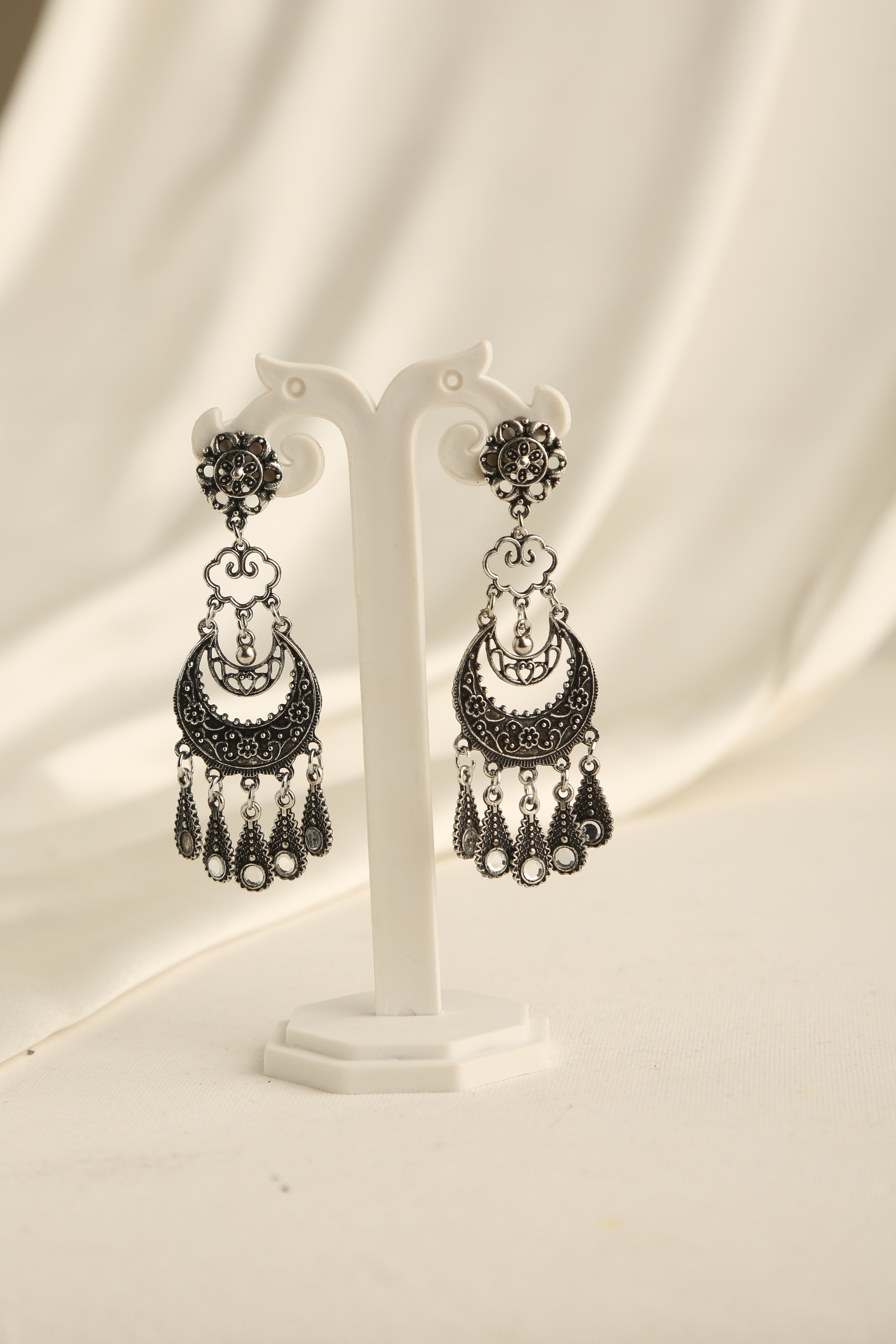 Oxidized Silver Plated Long Double layered Necklace Set for Women