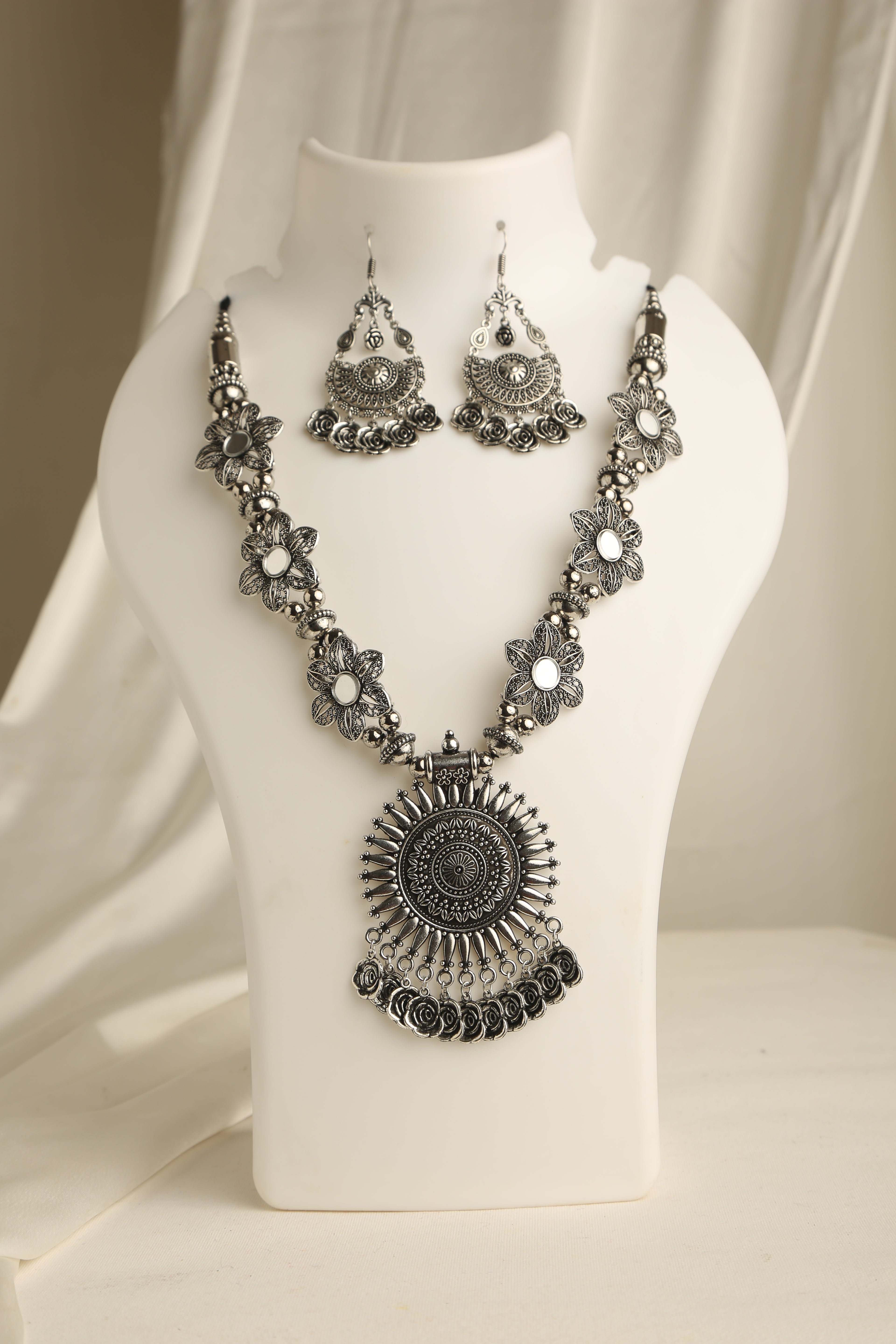 Oxidised Silver Necklace Set with Earrings for Women