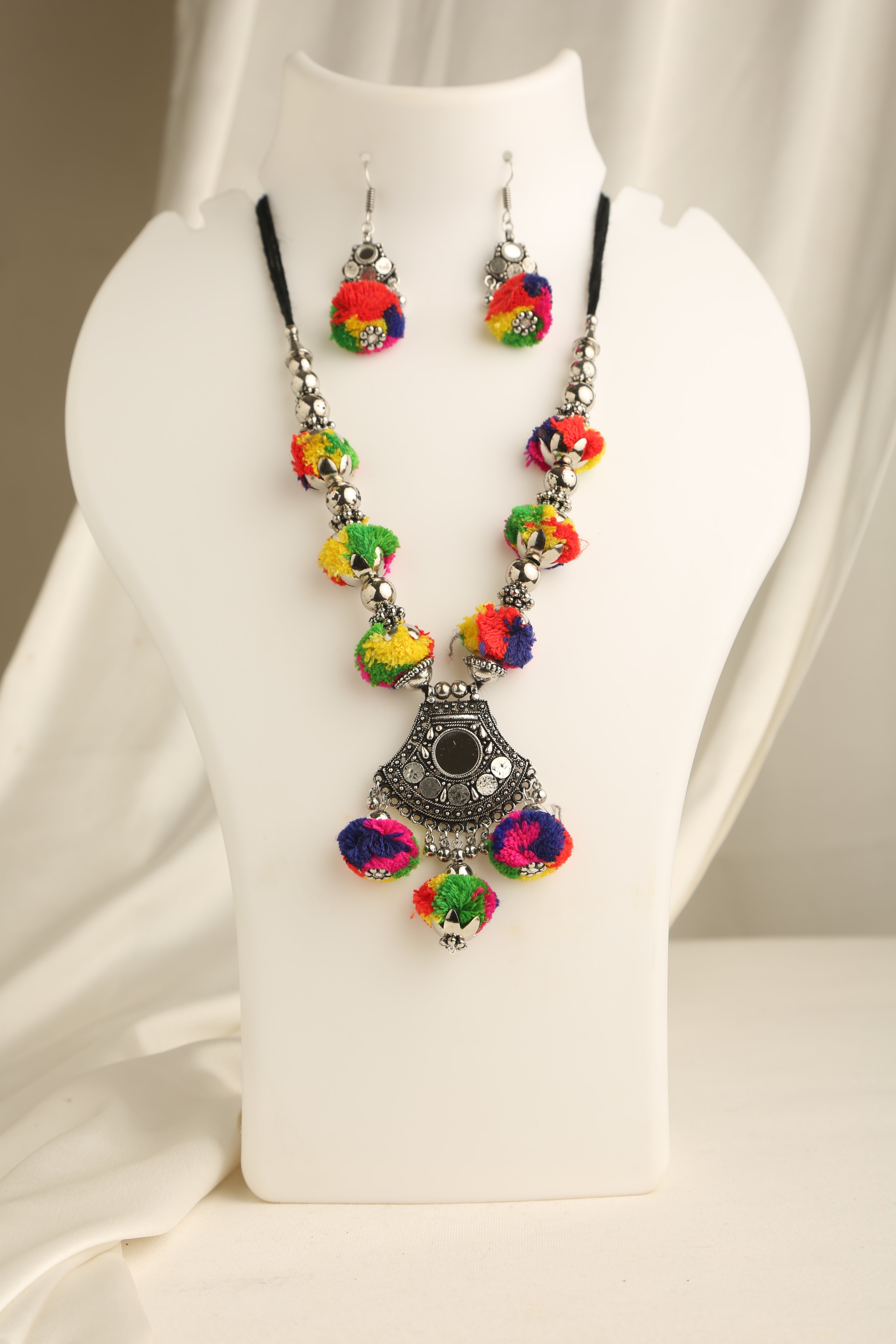 Silver Oxidised Plated Pom Pom Necklace Set