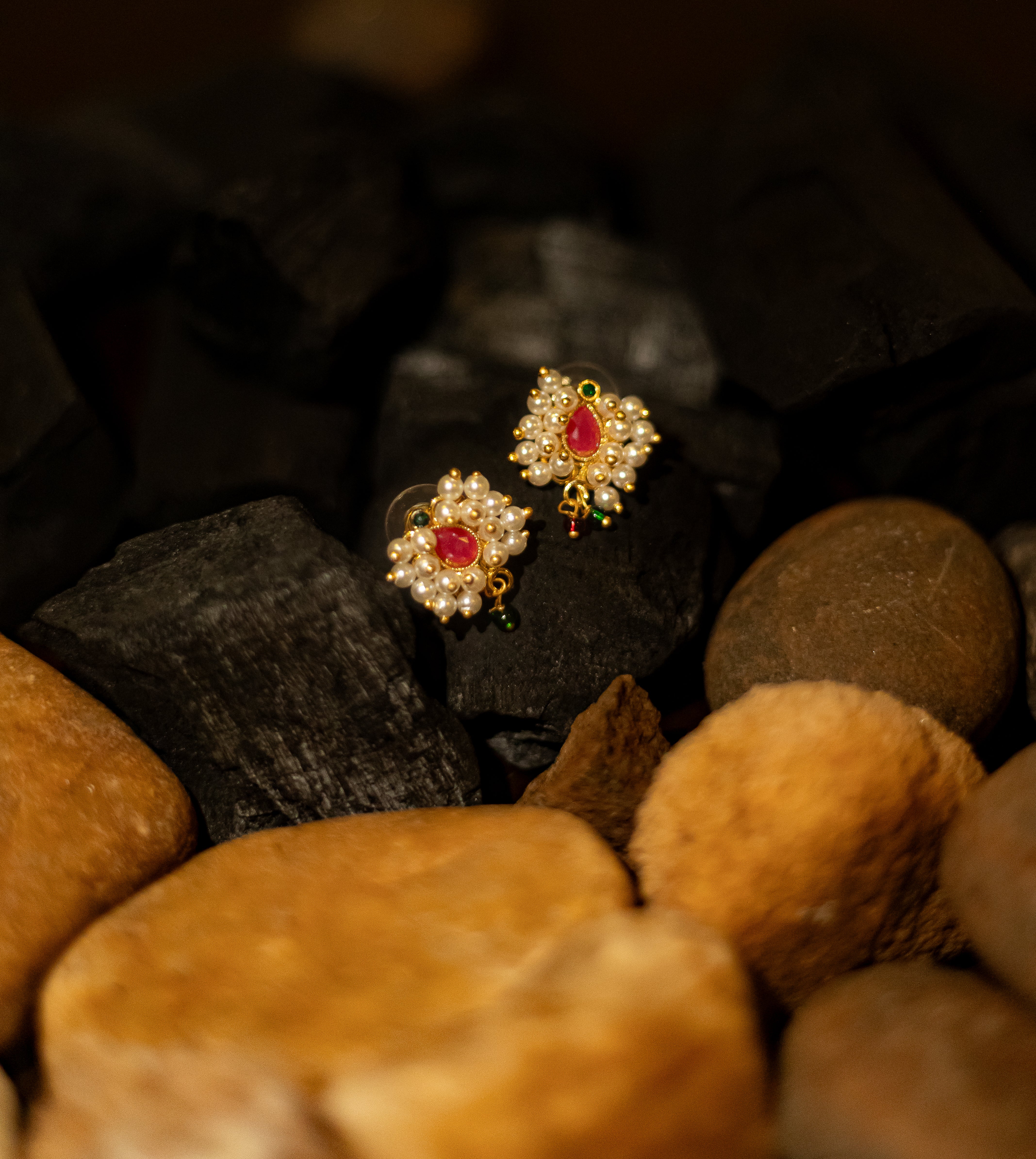 Elegant Gold Plated Red Stone Moti Earrings
