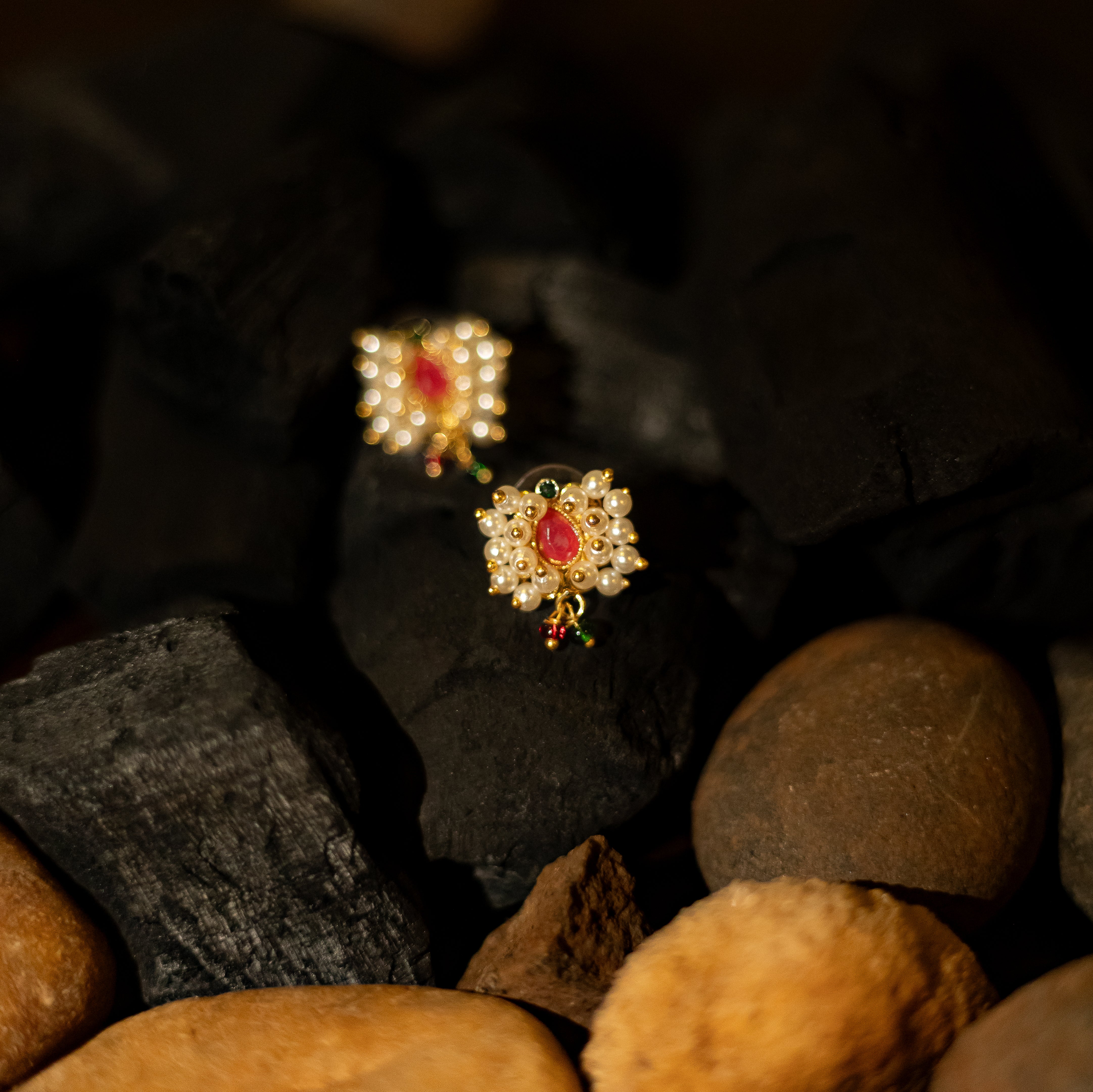 Elegant Gold Plated Red Stone Moti Earrings
