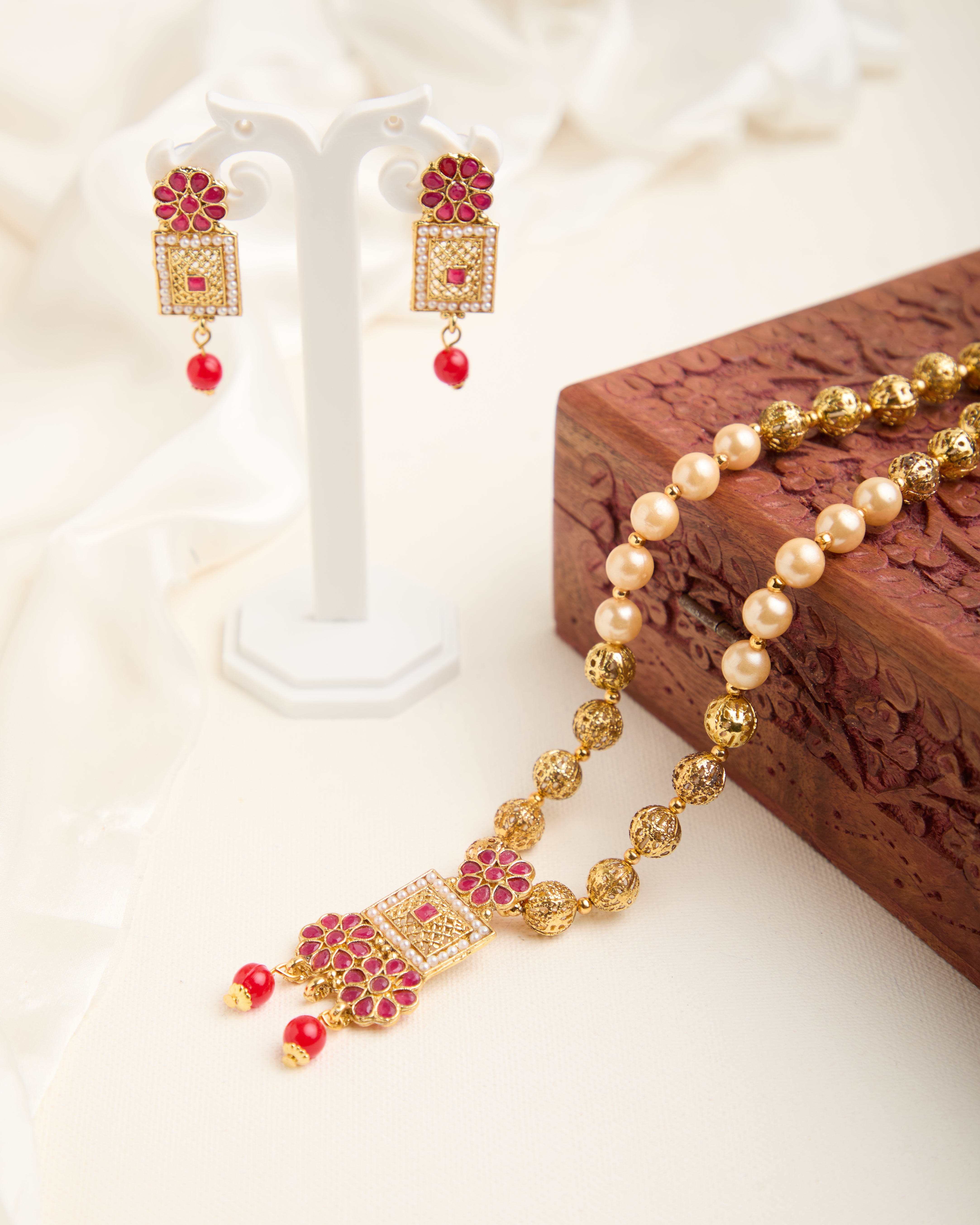 Ruby and Pearl Gold Plated Necklace set for Women