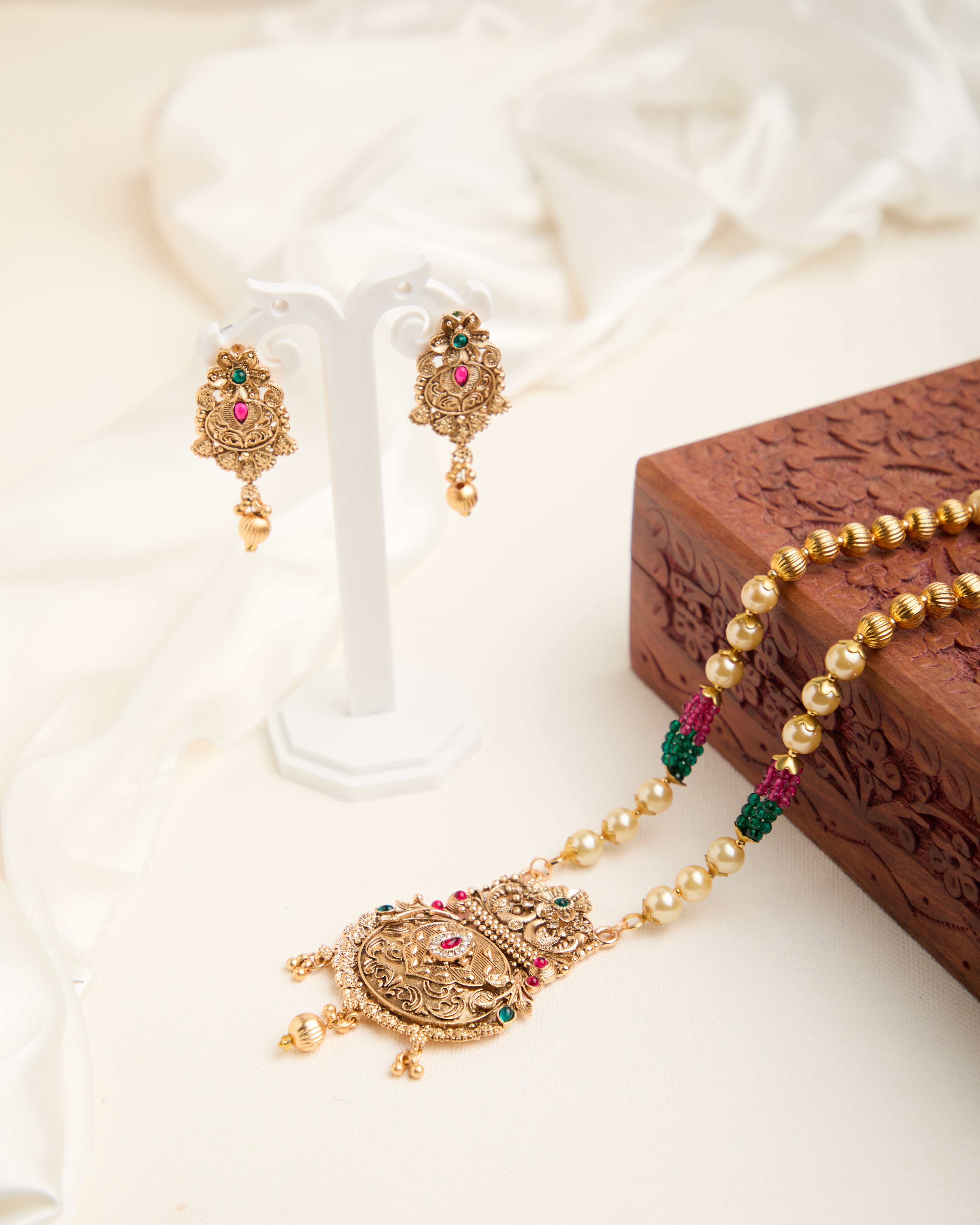 Gold Plated Stone Studded Long Necklace Set for Women