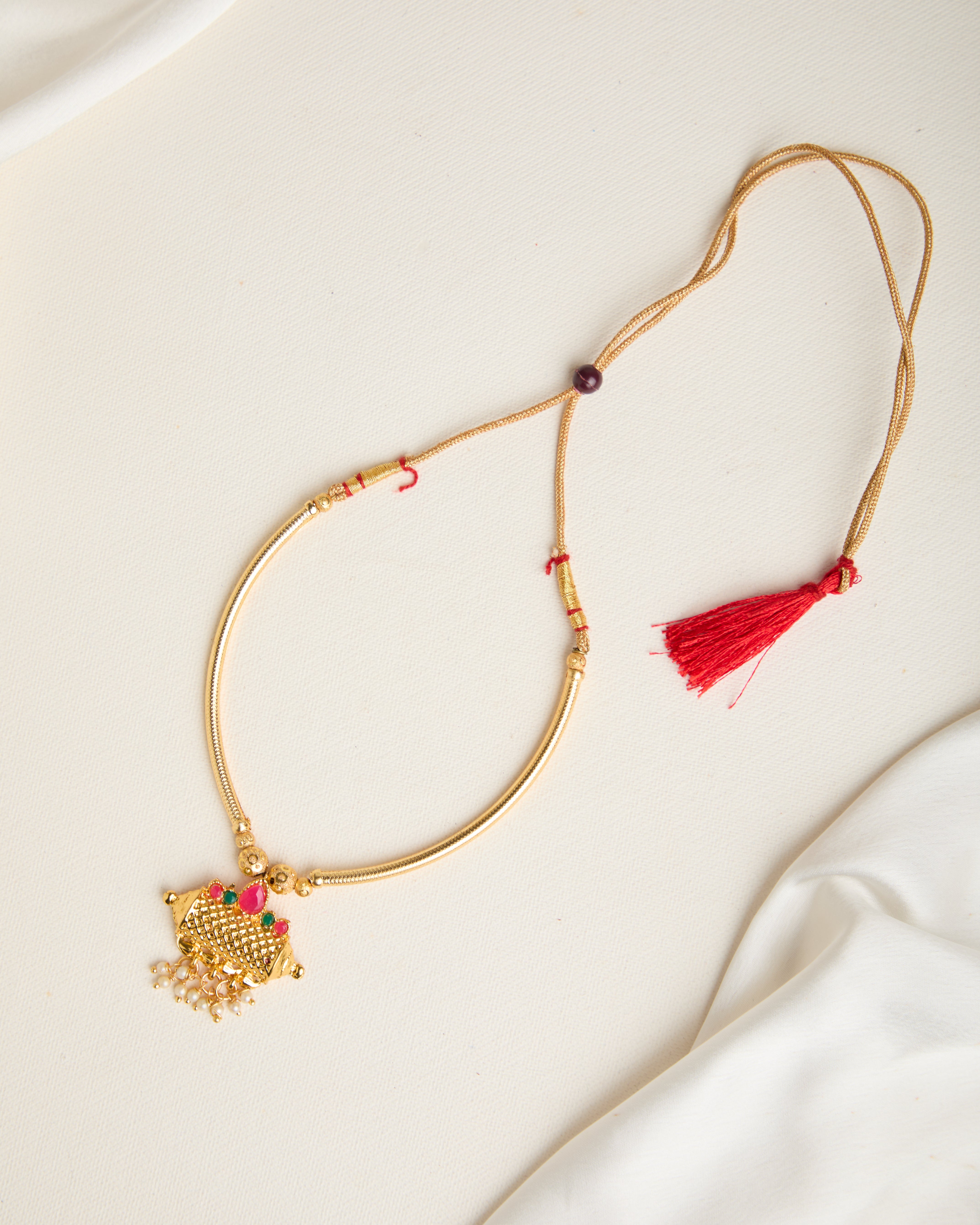 Gold Plated Stone Studded Maharashtrian Thushi Necklace for Women