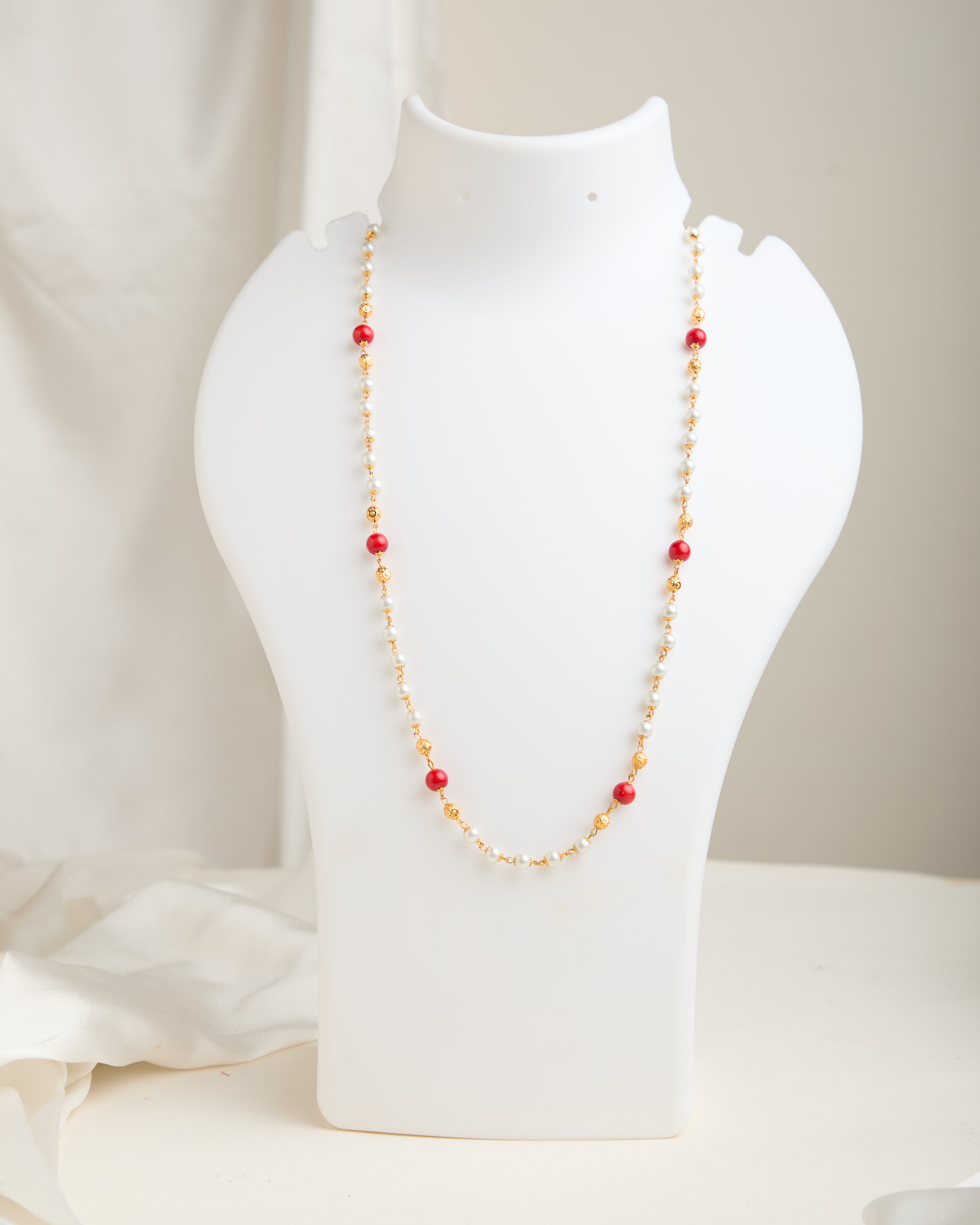 Gold Plated Red and White Beads Necklace For Women