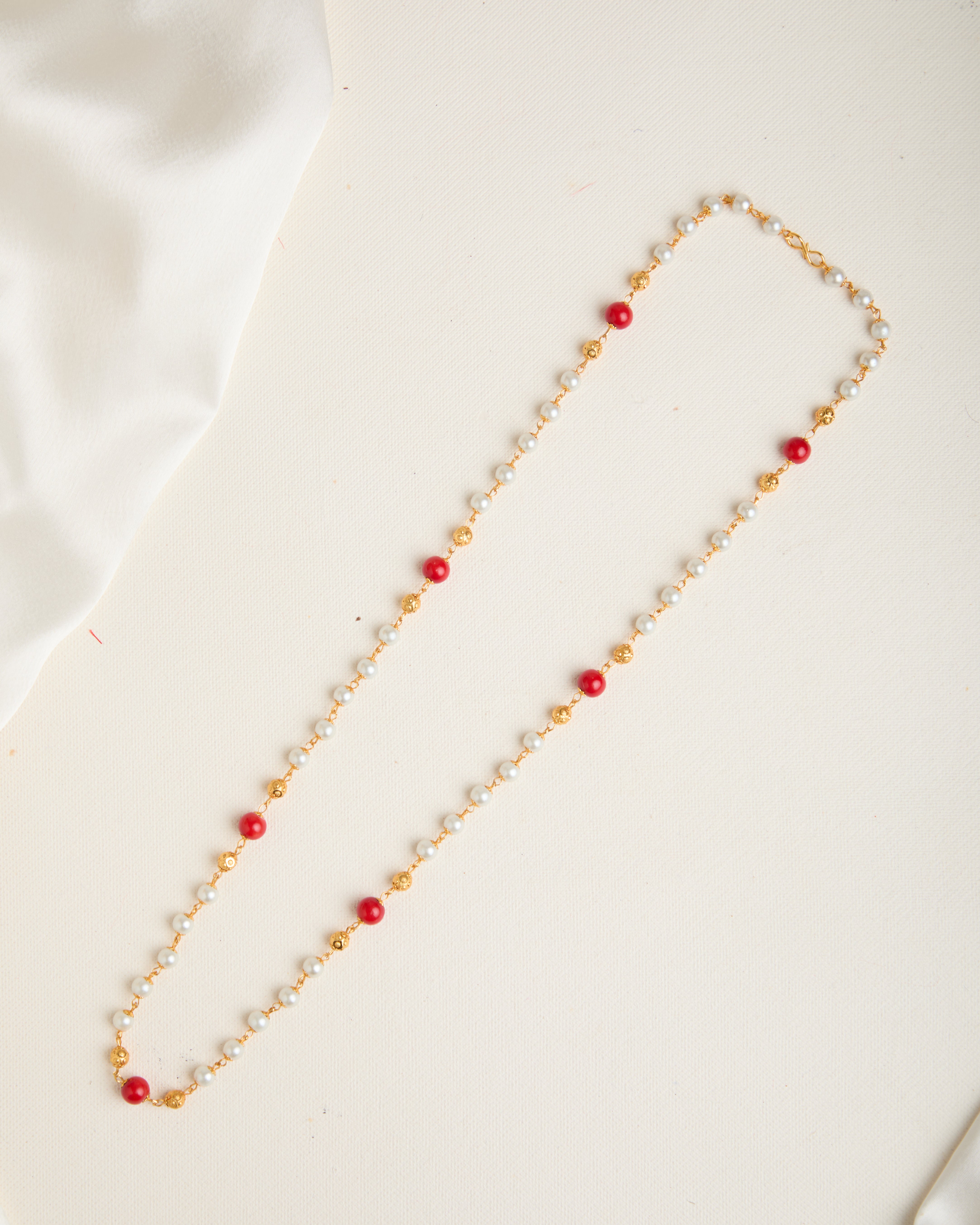 Gold Plated Red and White Beads Necklace For Women