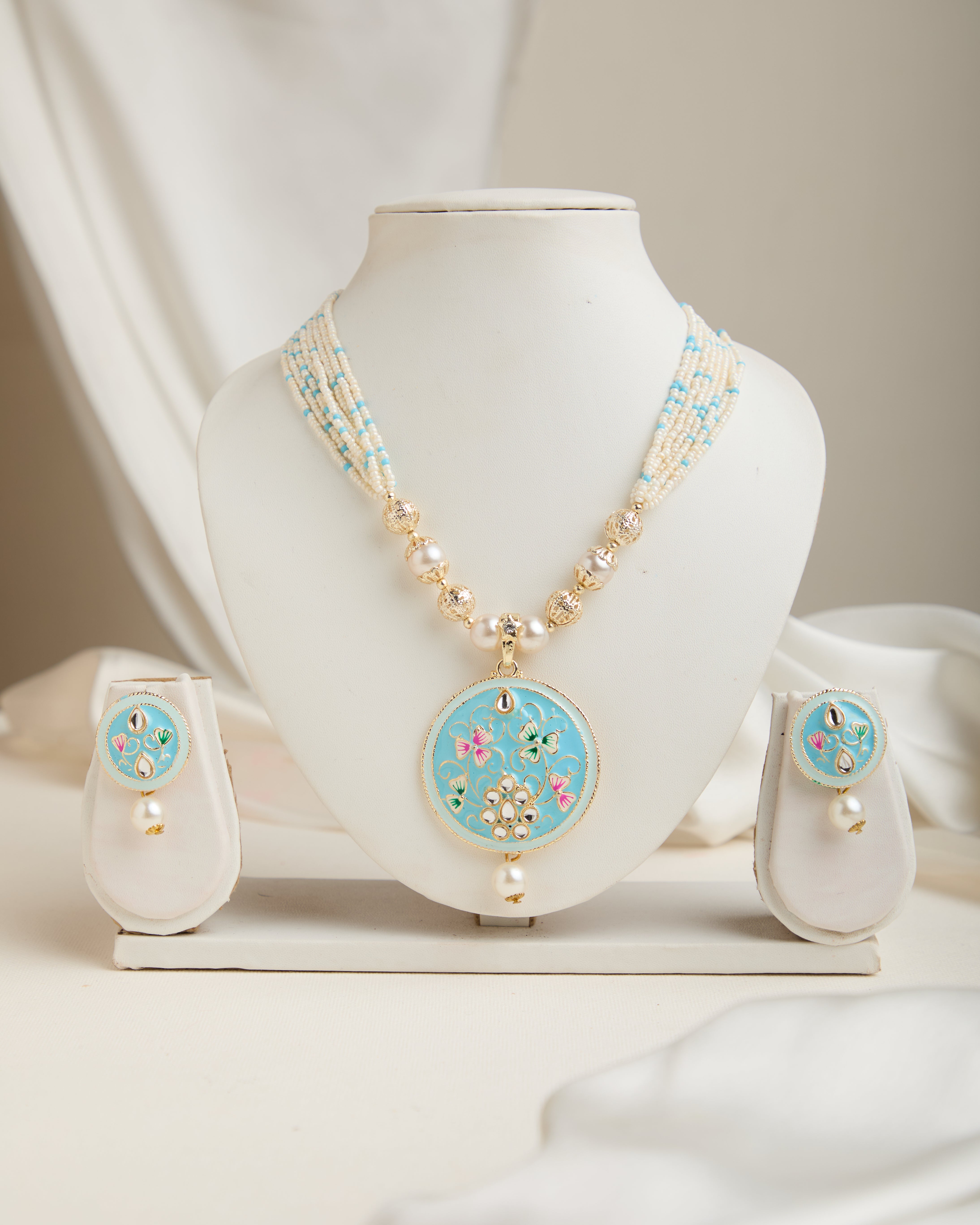Long Moti Meenakari Mala Turquoise Pendant Set