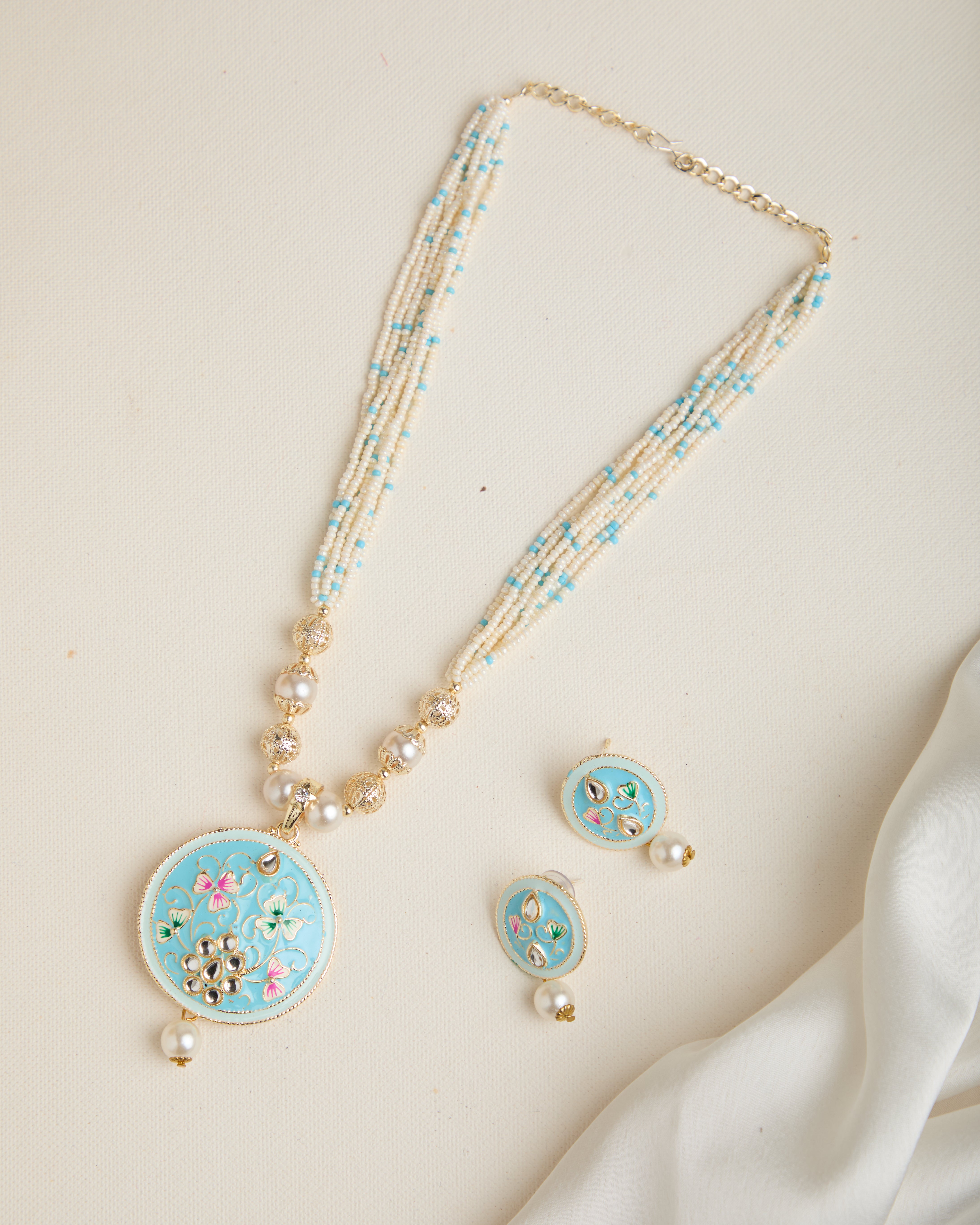 Long Moti Meenakari Mala Turquoise Pendant Set