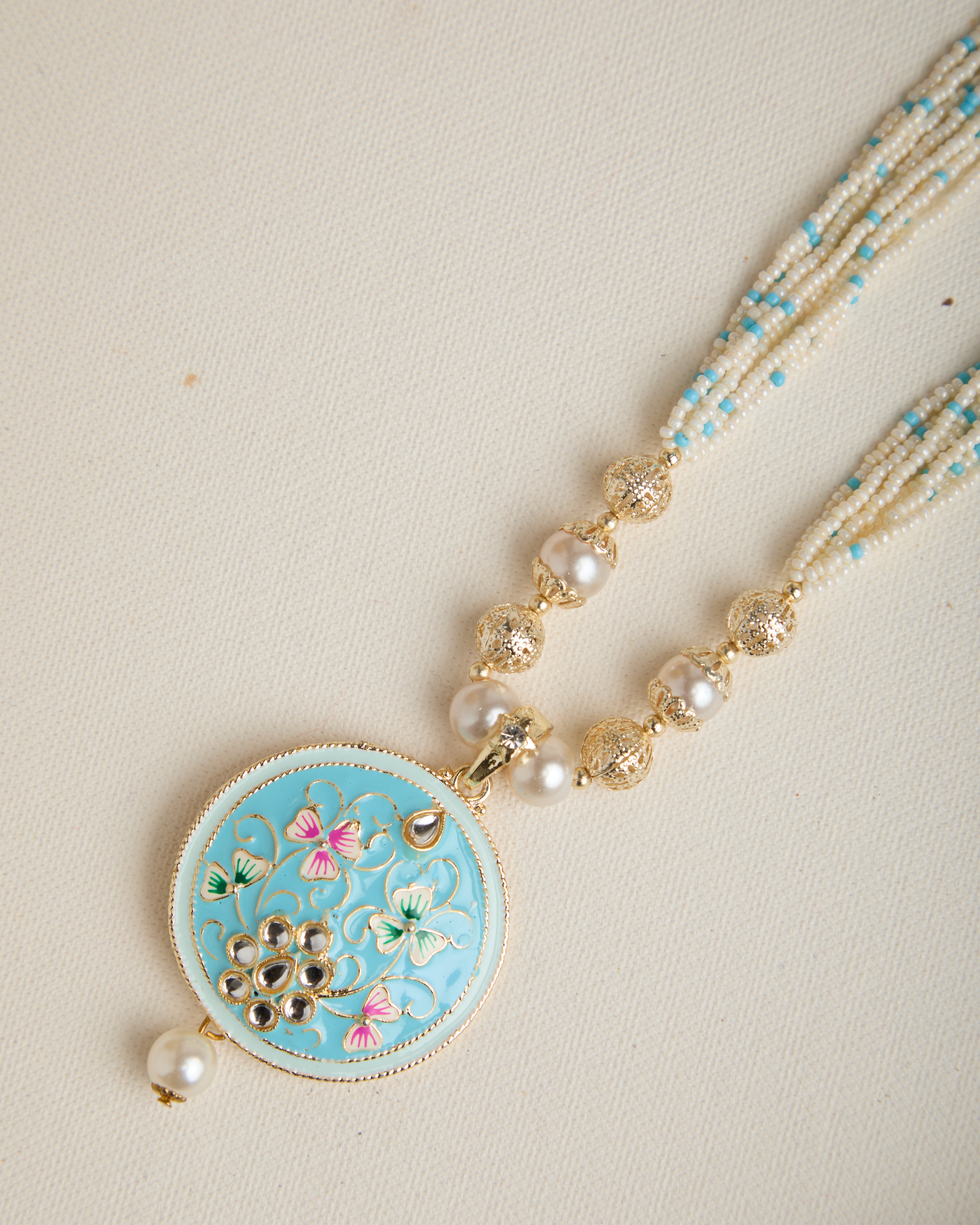 Long Moti Meenakari Mala Turquoise Pendant Set