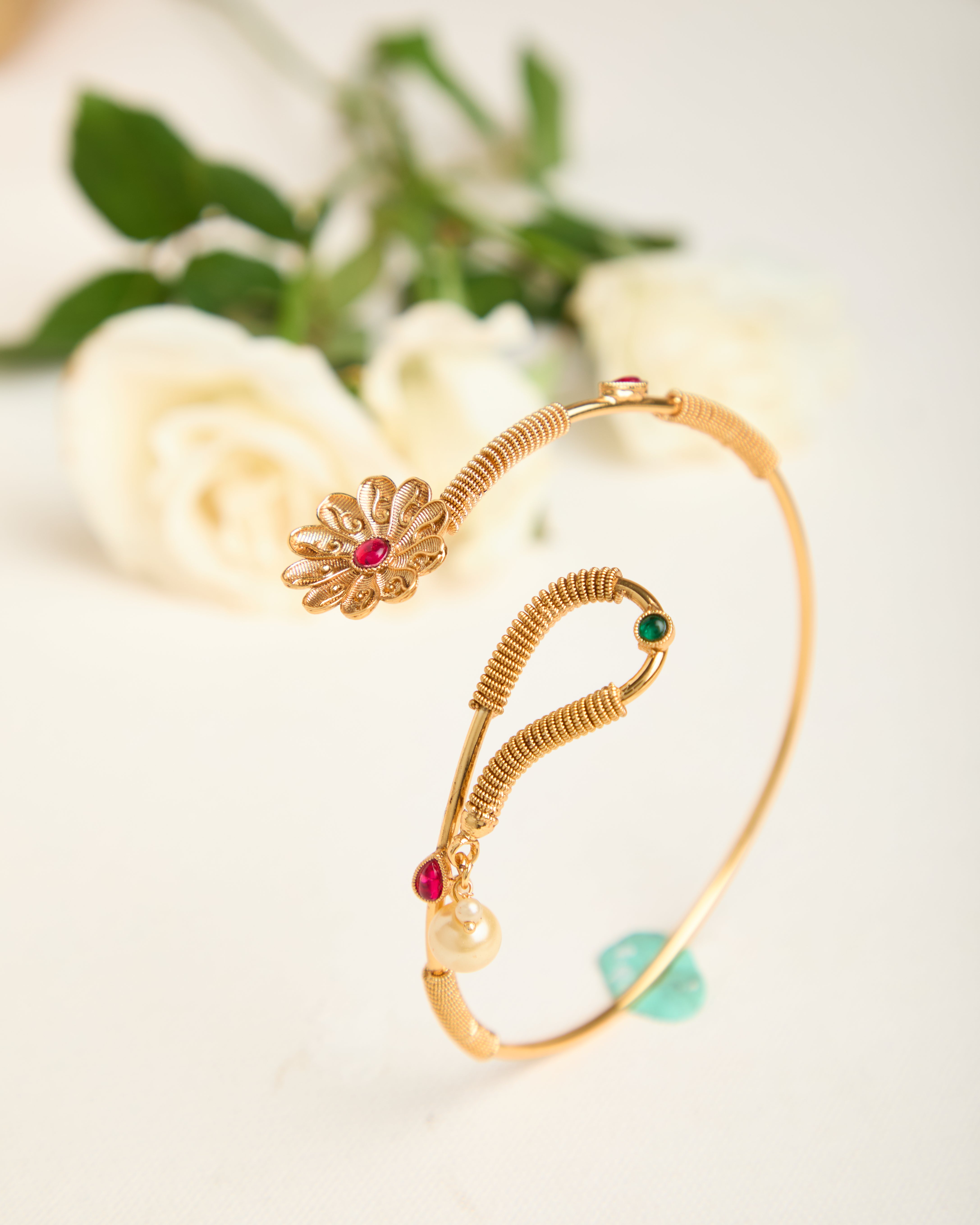 Gold Plated Flower Shape Stone Studded Bajubandh