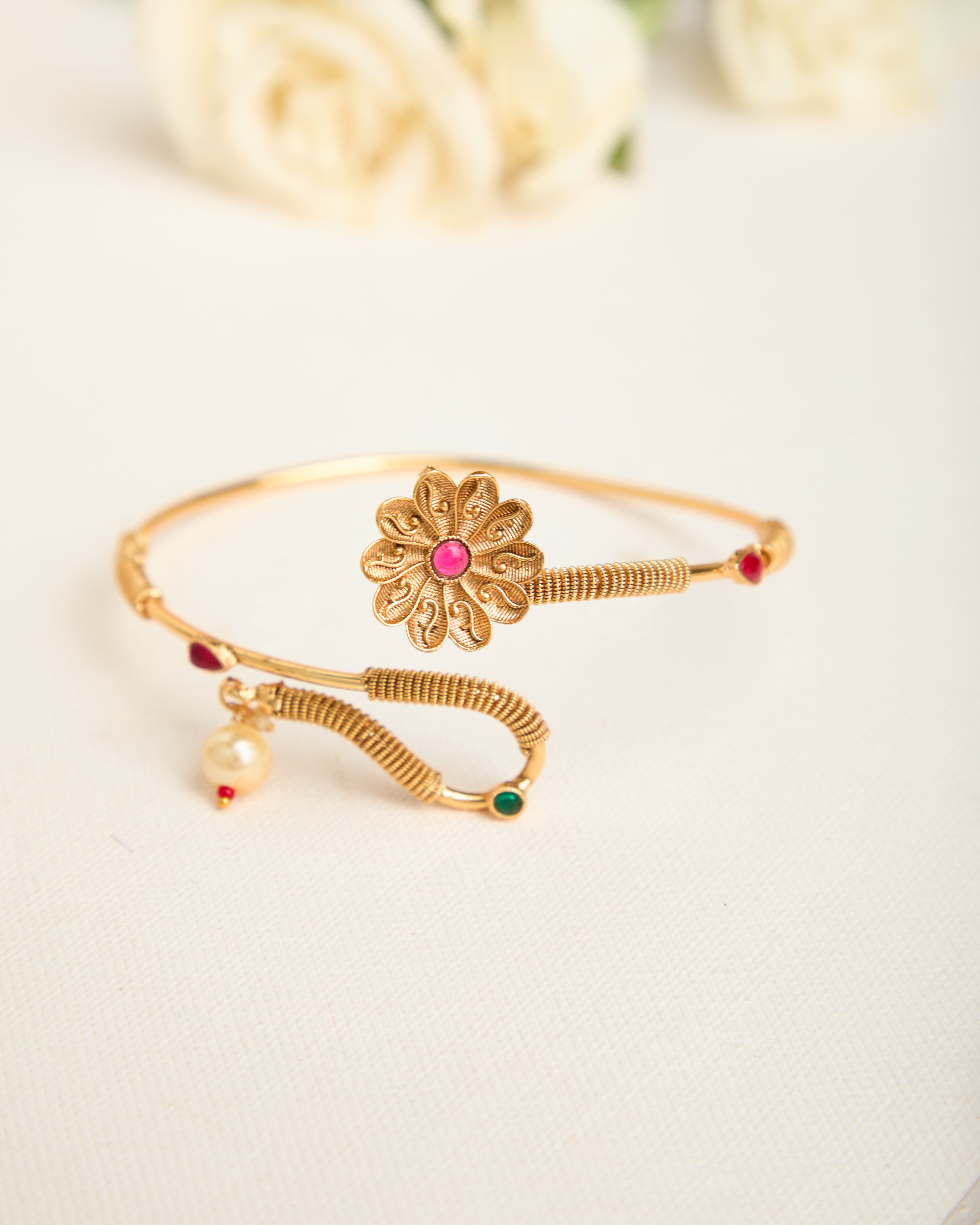 Gold Plated Flower Shape Stone Studded Bajubandh