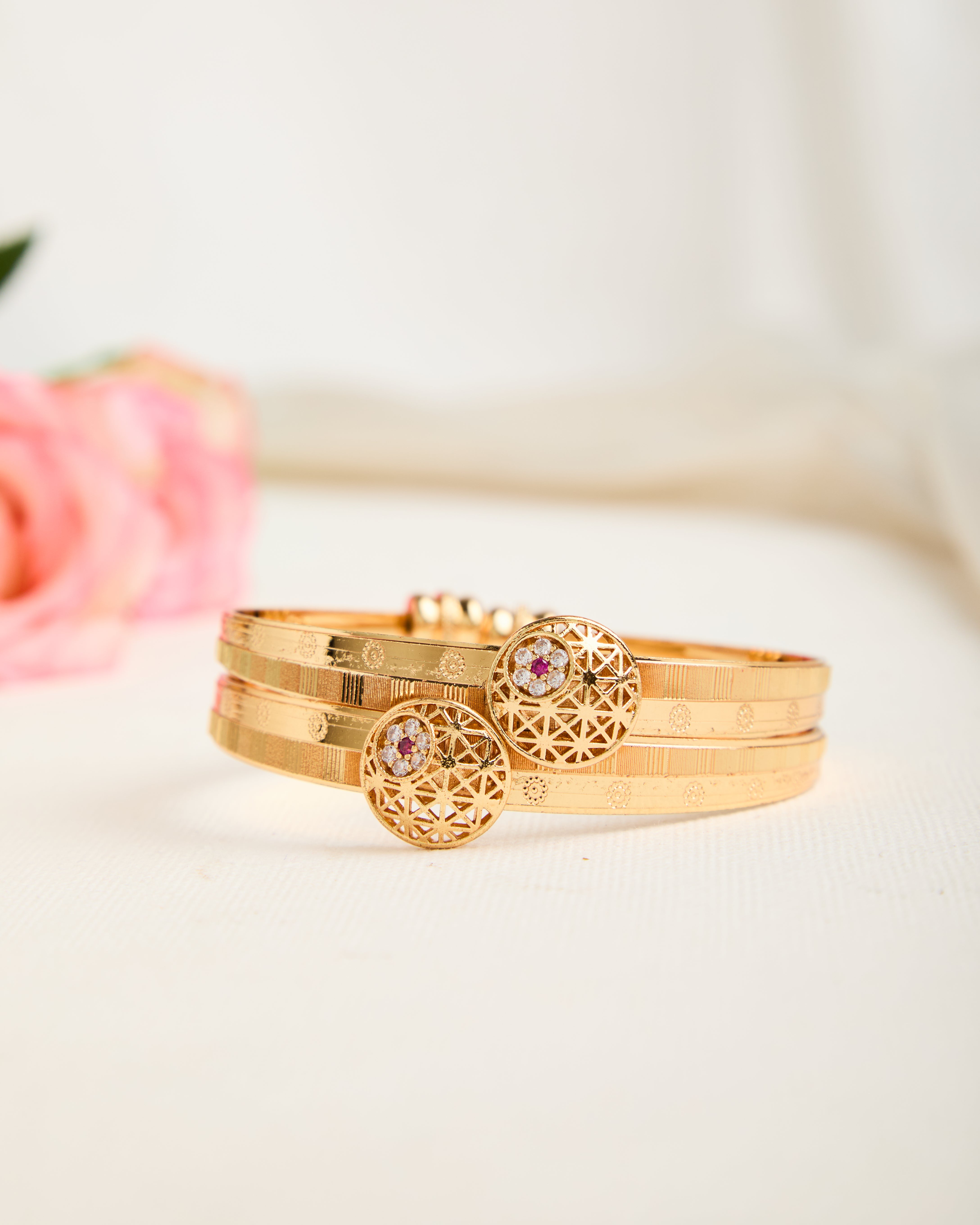 Zirconia Diamond Gold Plated Adjustable Bangle Set for Women