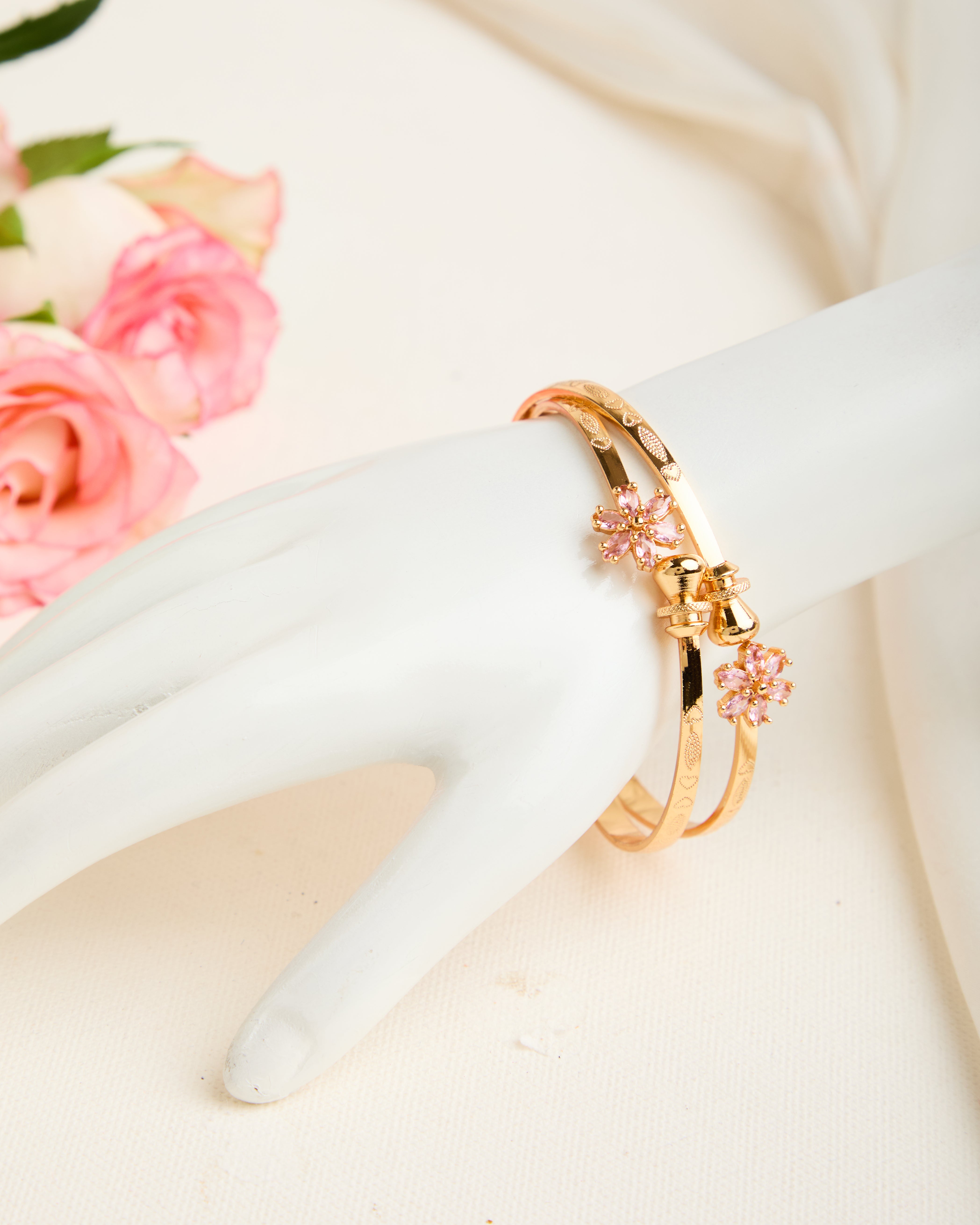 Gold Plated Pink Floral Design Adjustable Bangle for Women