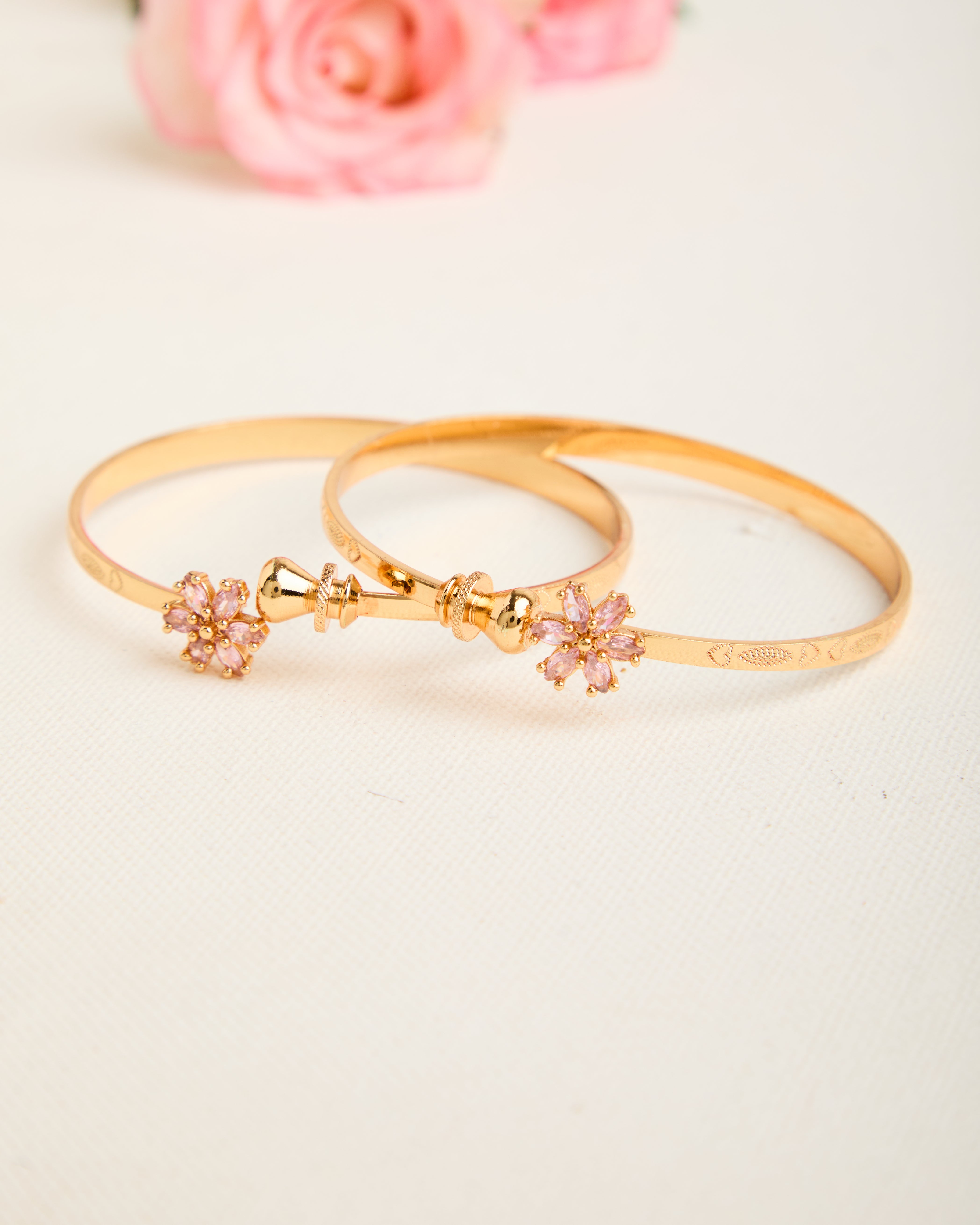 Gold Plated Pink Floral Design Adjustable Bangle for Women