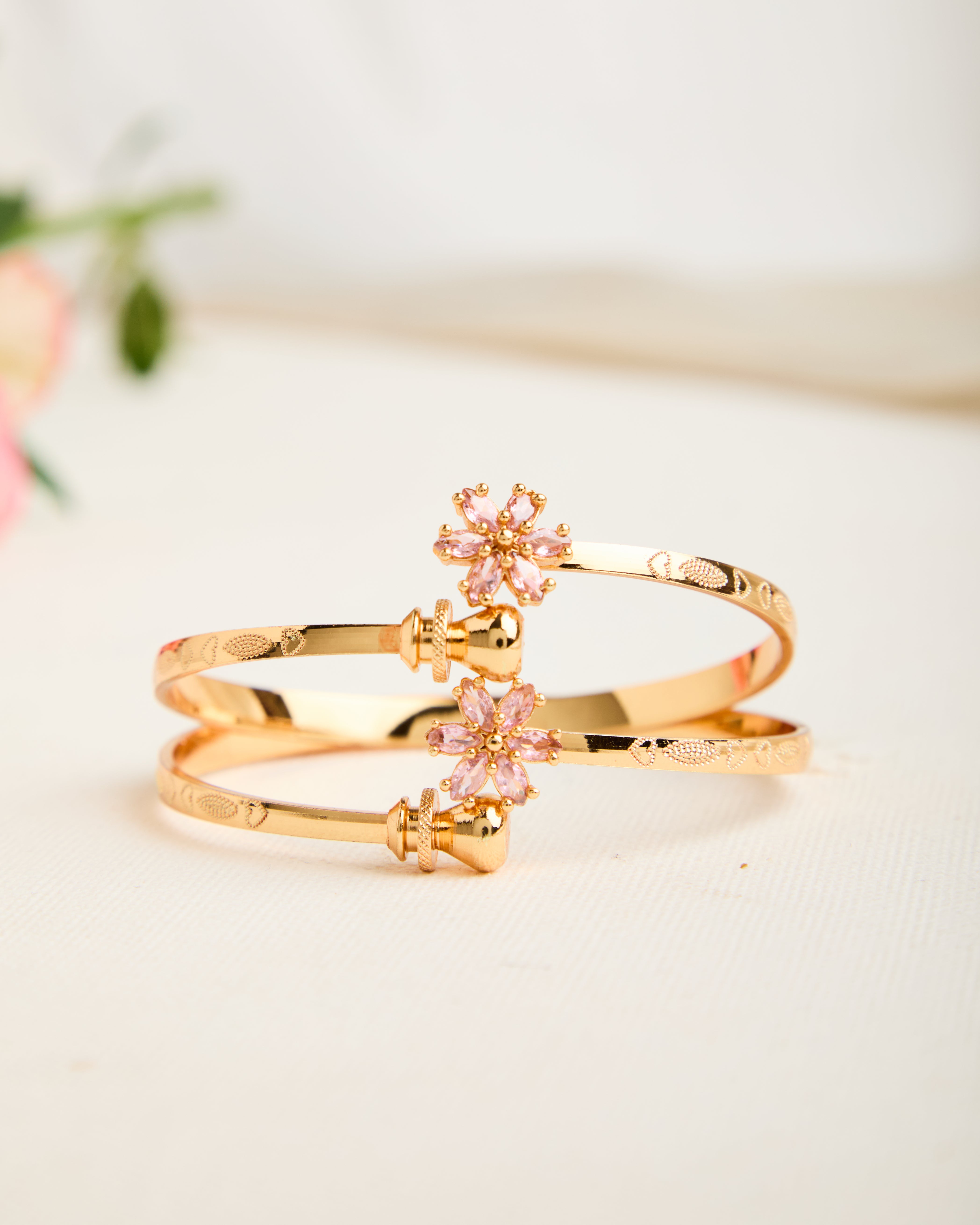 Gold Plated Pink Floral Design Adjustable Bangle for Women