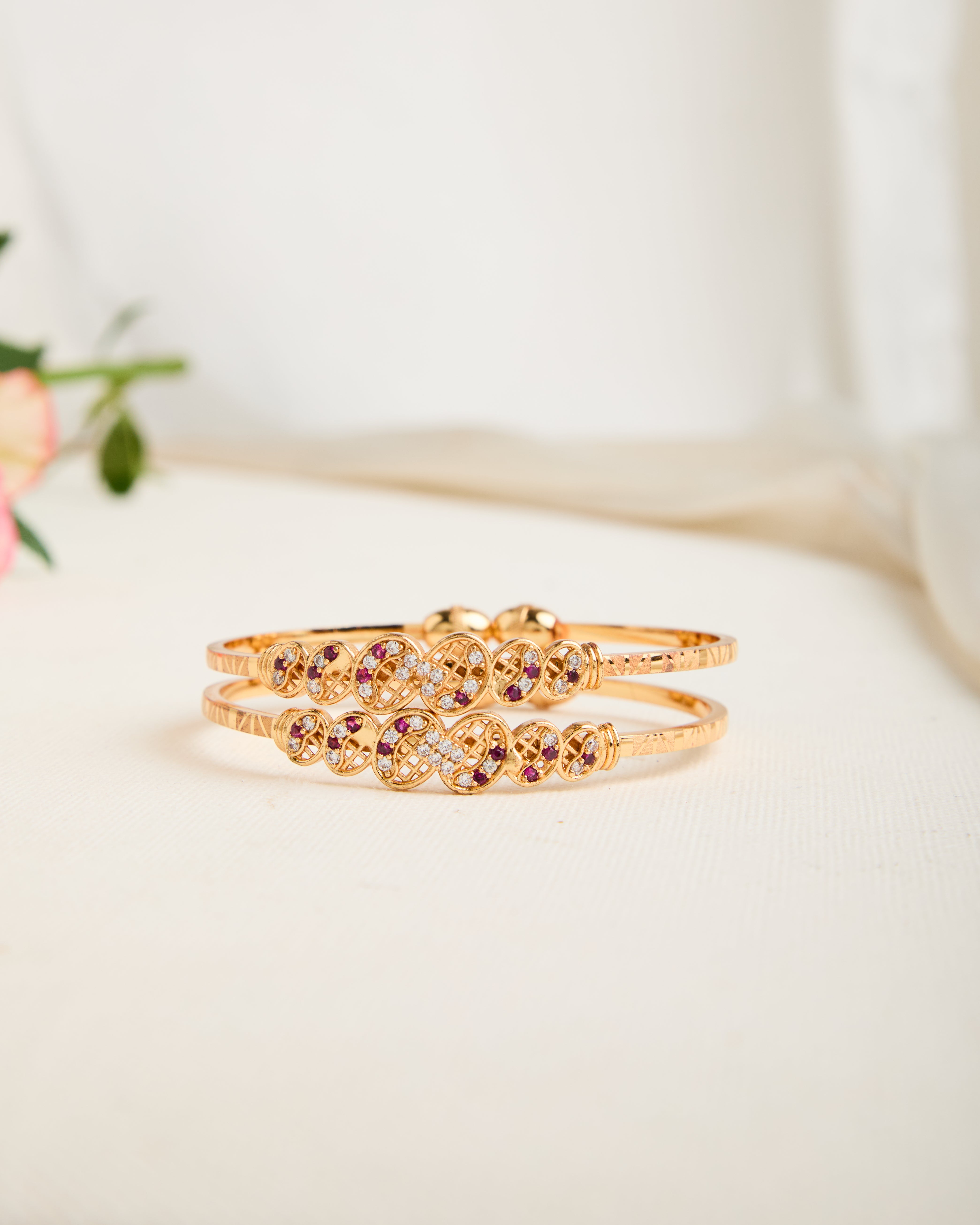 Gold Plated Red Stone Studded Adjustable Bangles for Women