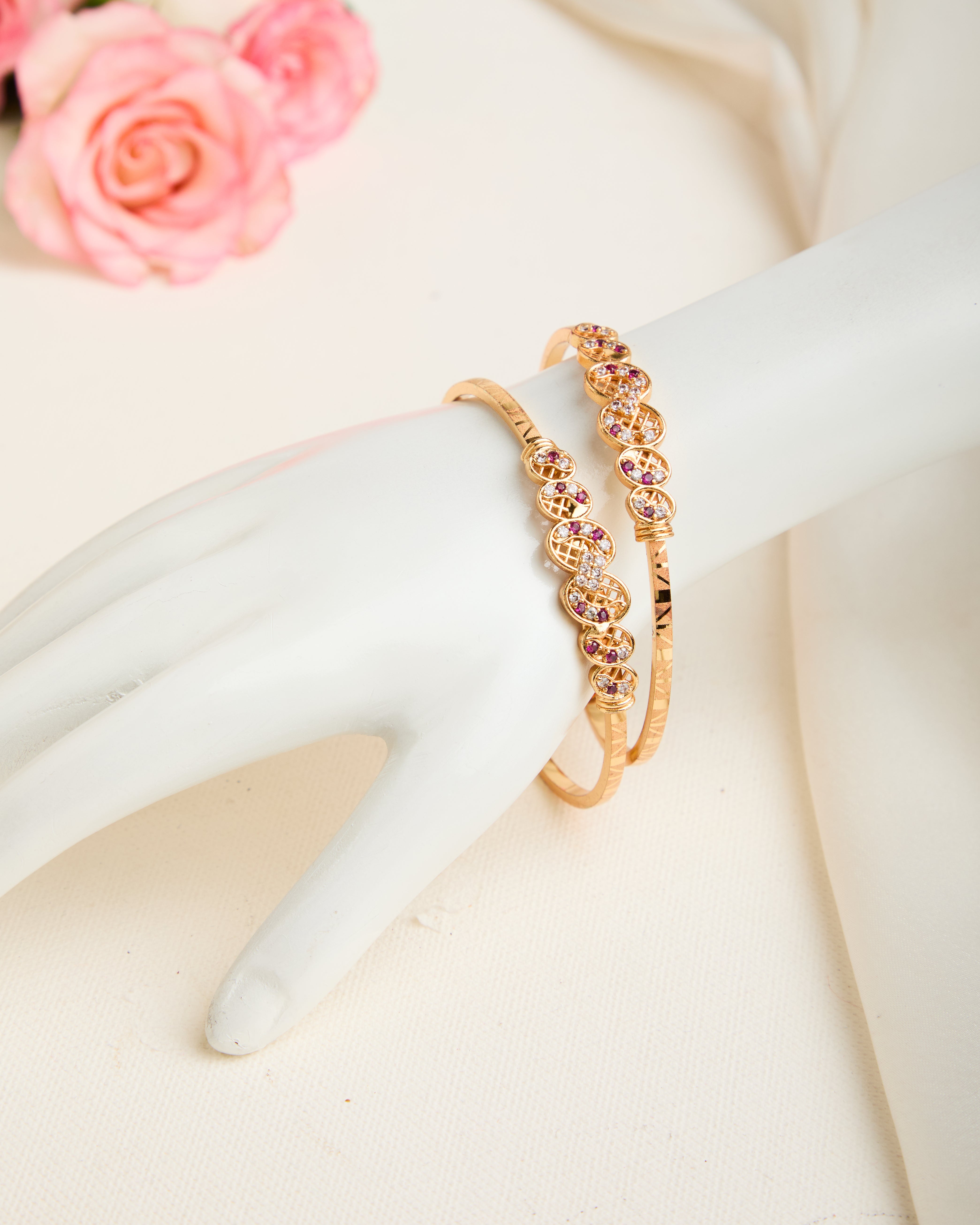 Gold Plated Red Stone Studded Adjustable Bangles for Women