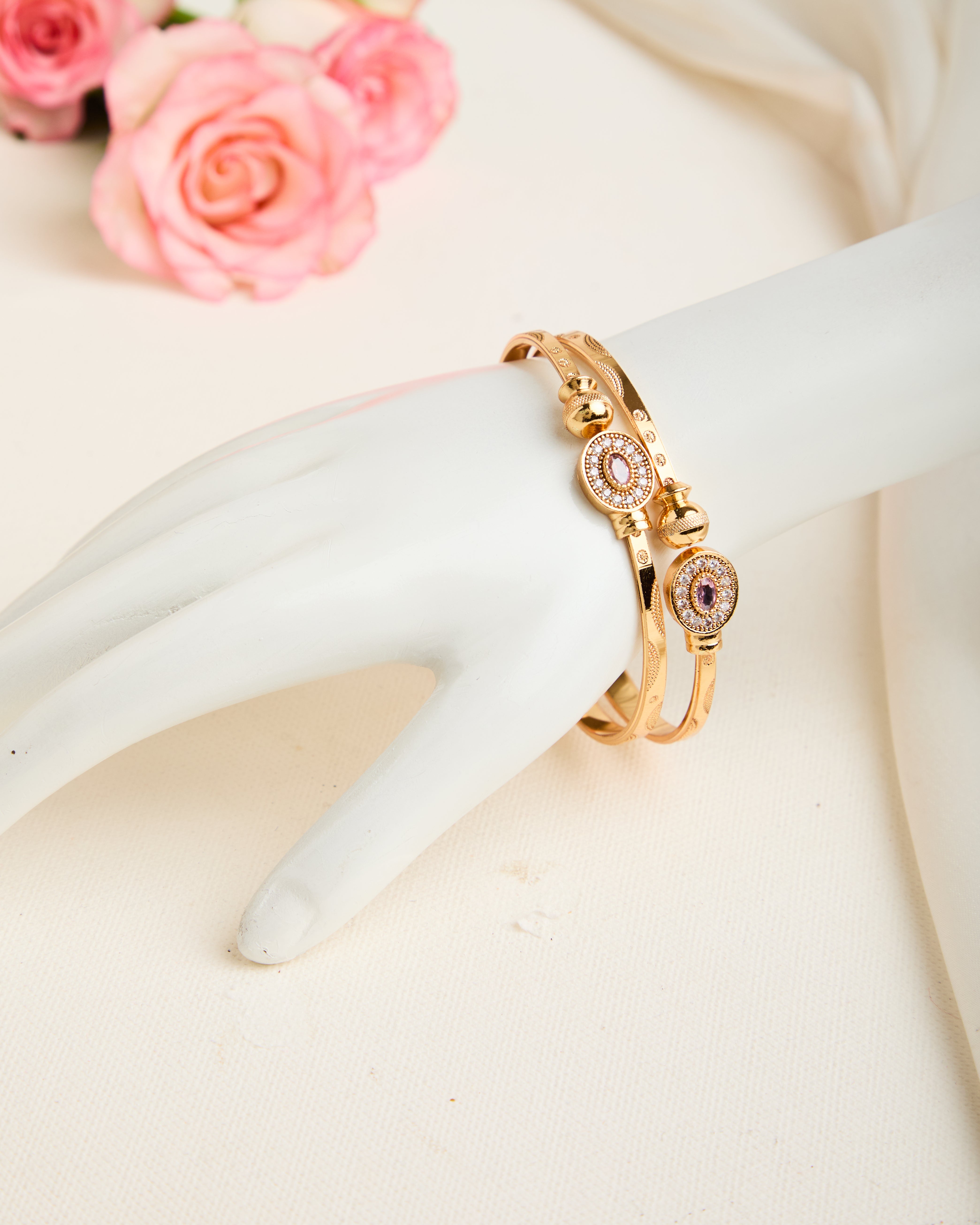 Gold Plated Pink Stone Studded Adjustable Bangles for Women