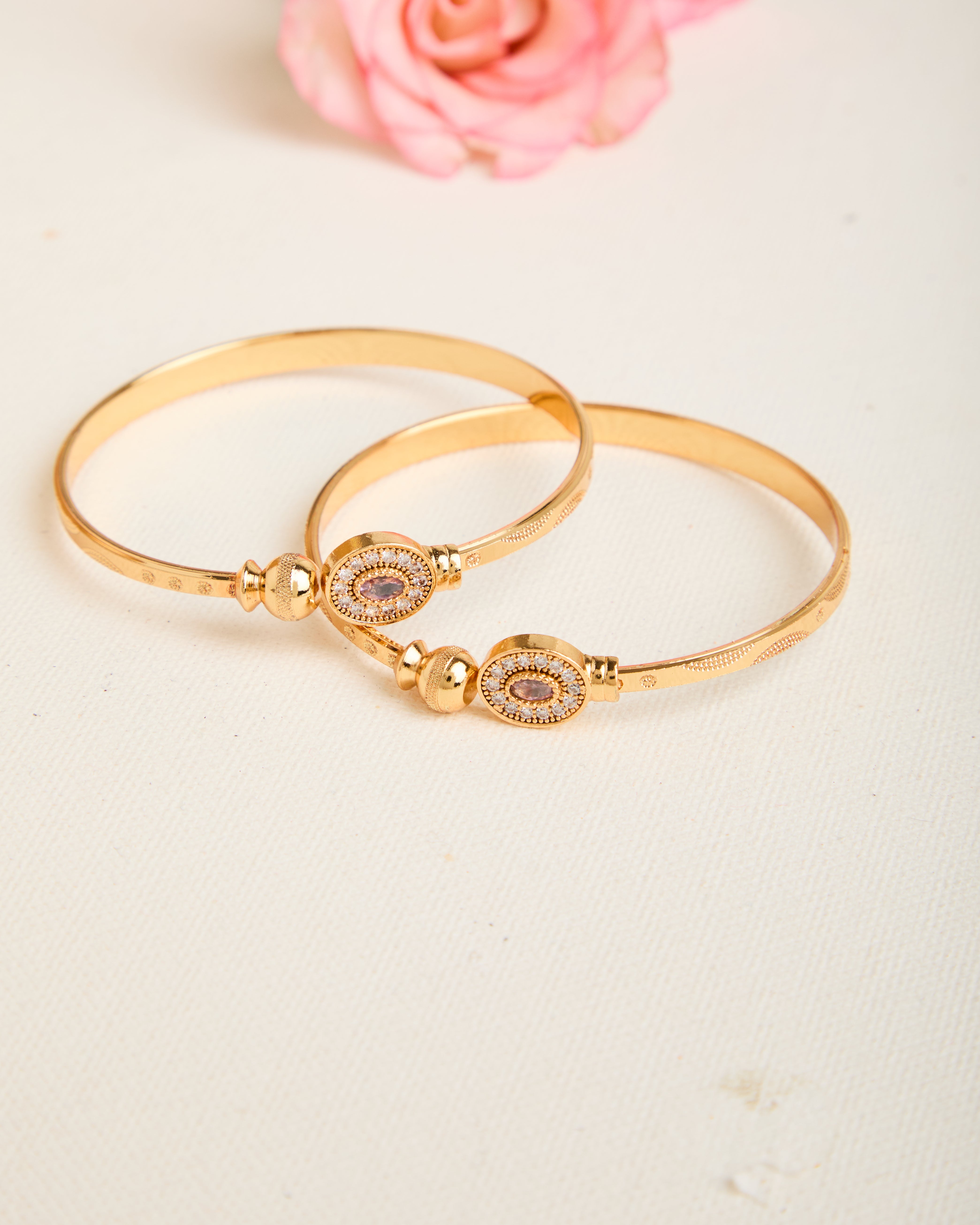 Gold Plated Pink Stone Studded Adjustable Bangles for Women
