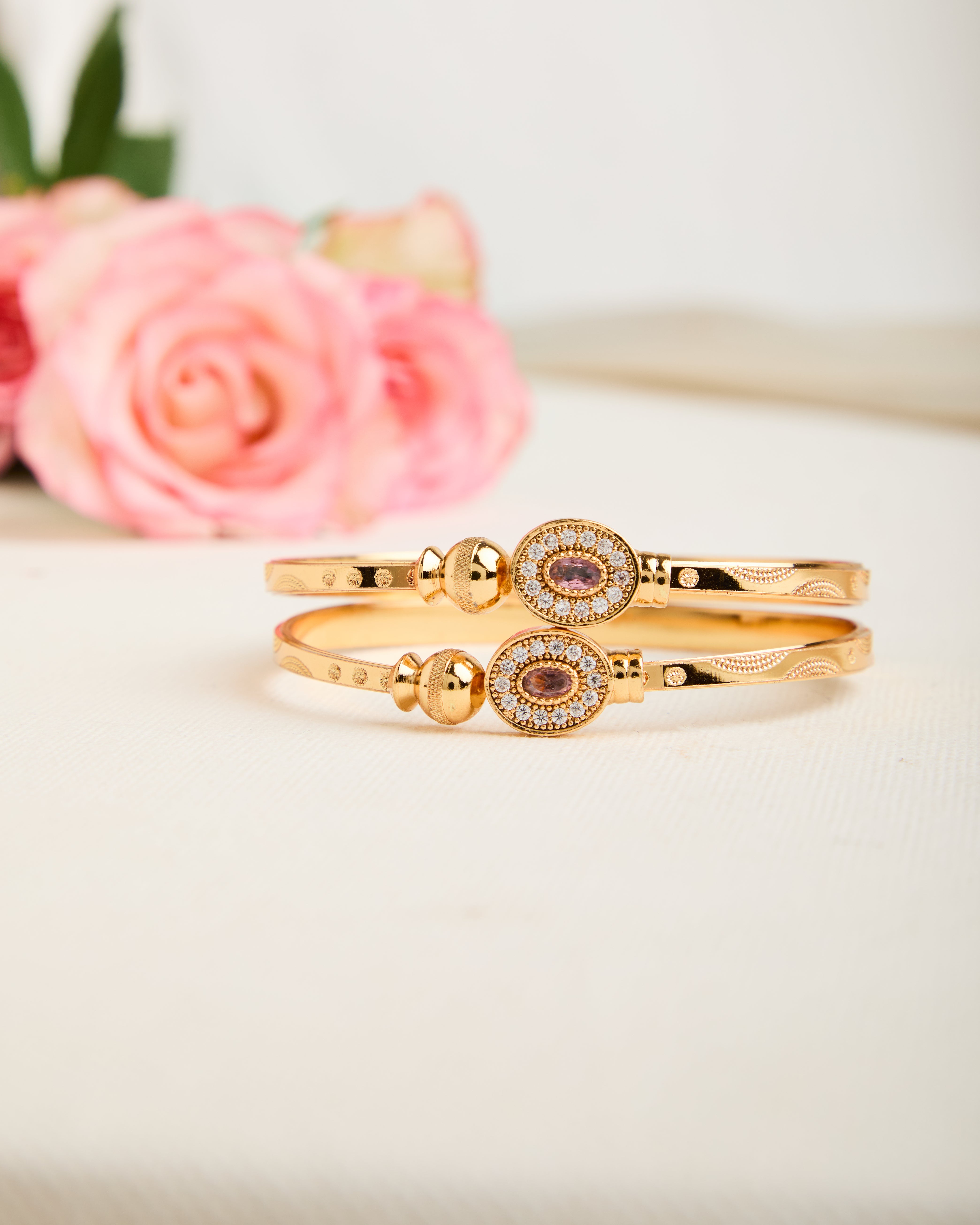 Gold Plated Pink Stone Studded Adjustable Bangles for Women