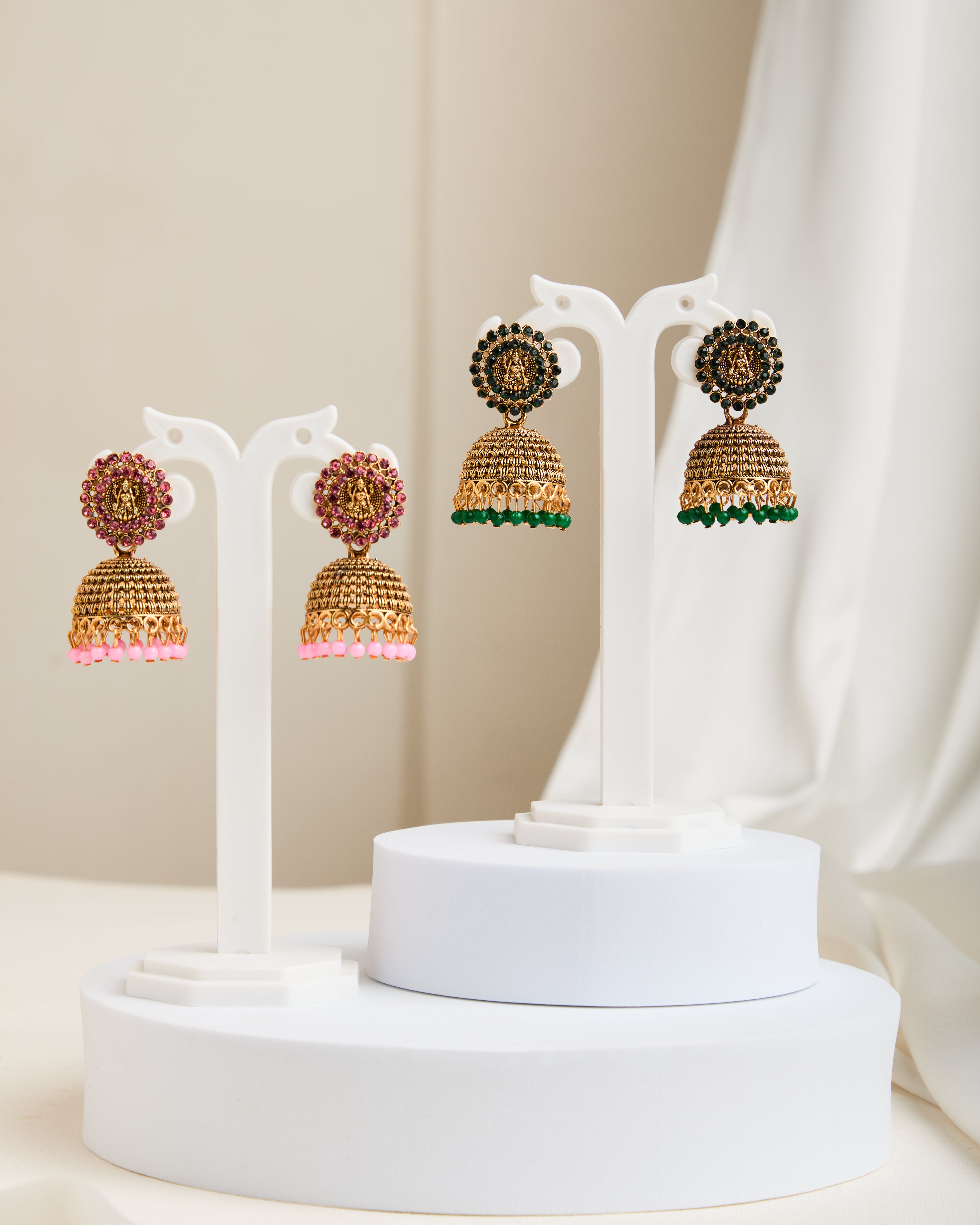 Gold Plated Color Crystal Lakshmi and Dome Jhumkas