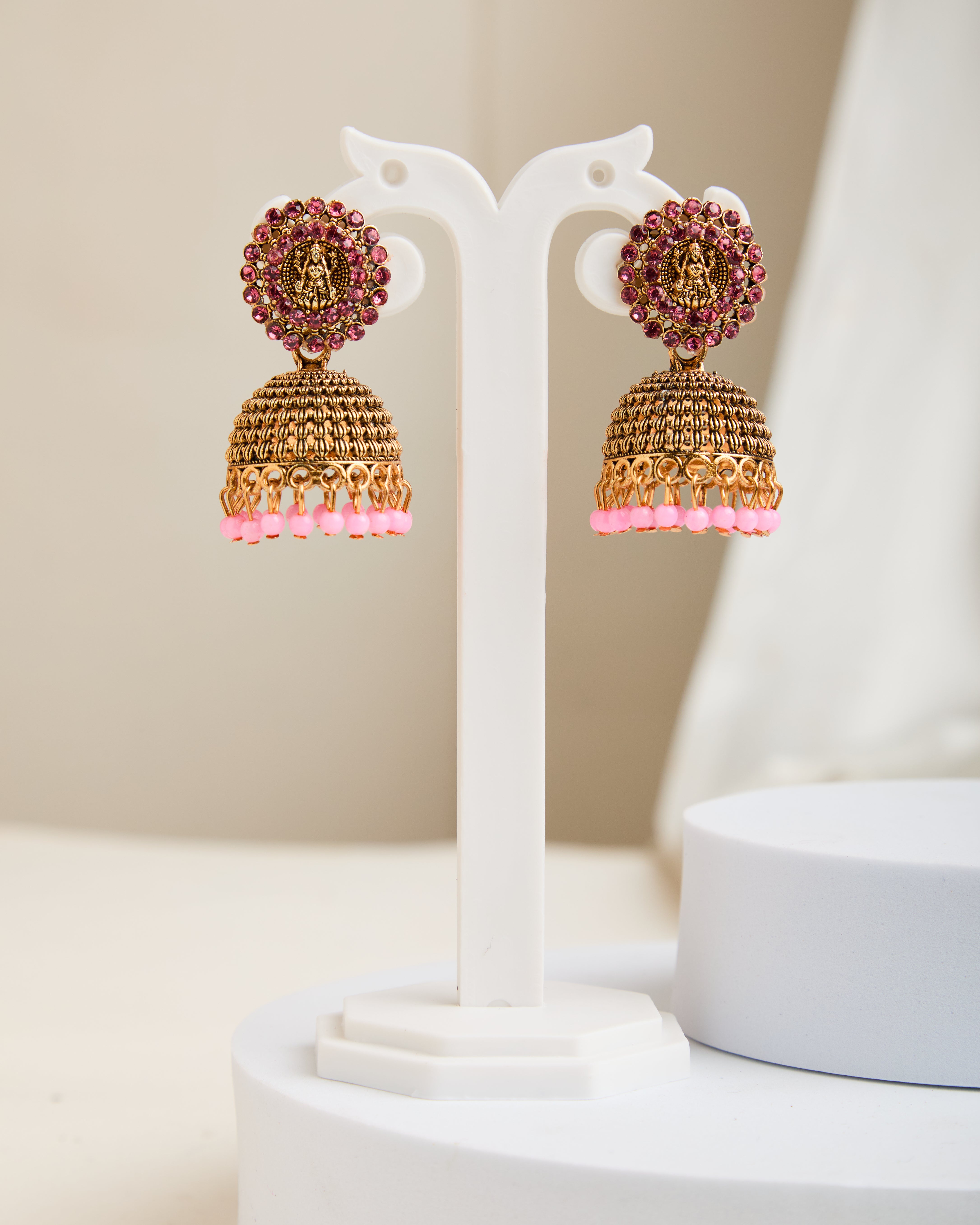 Gold Plated Color Crystal Lakshmi and Dome Jhumkas