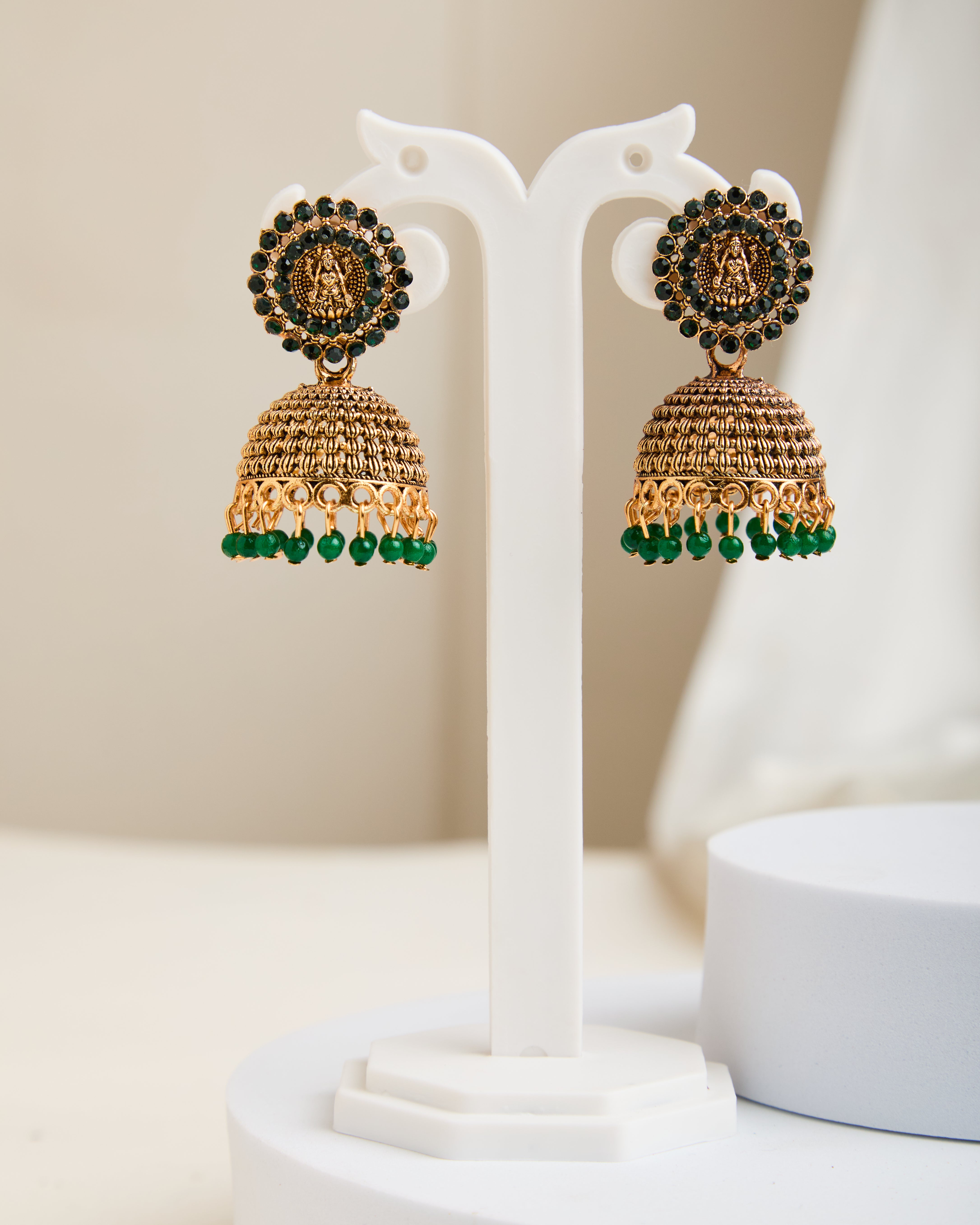Gold Plated Color Crystal Lakshmi and Dome Jhumkas