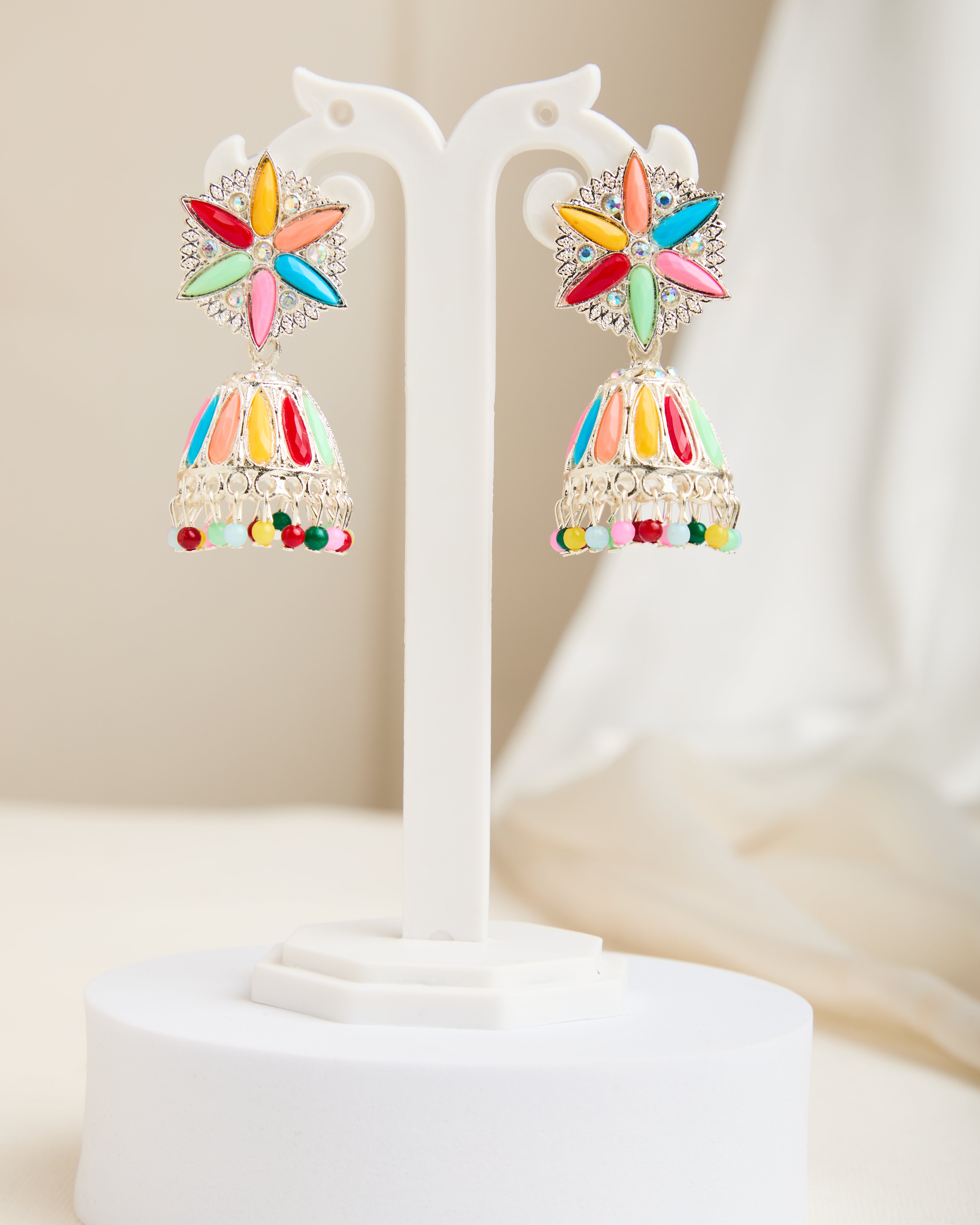 Silver Plate Multicolor Oxidised Snow Flake Jhumkas for Women