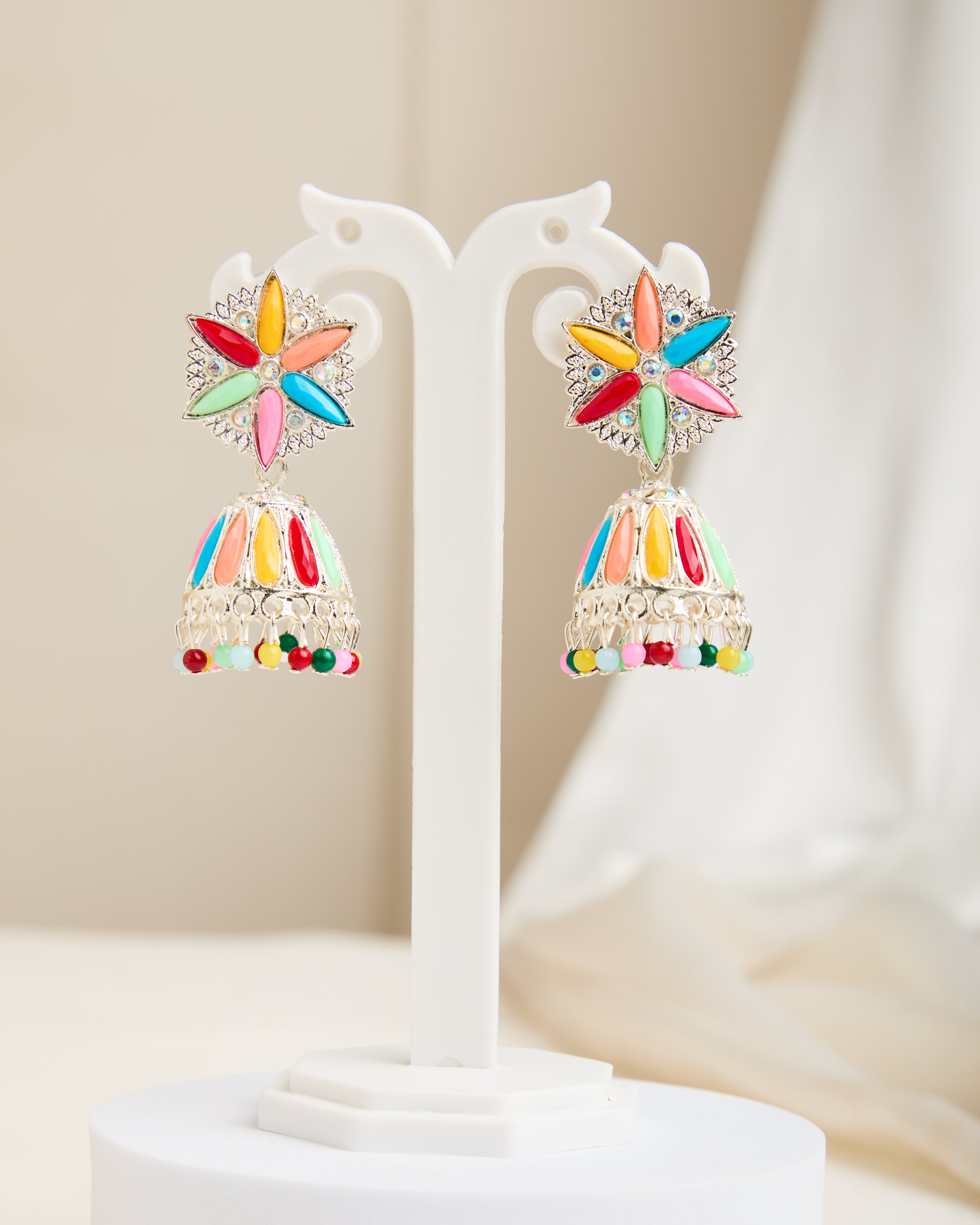 Silver Plate Multicolor Oxidised Snow Flake Jhumkas for Women