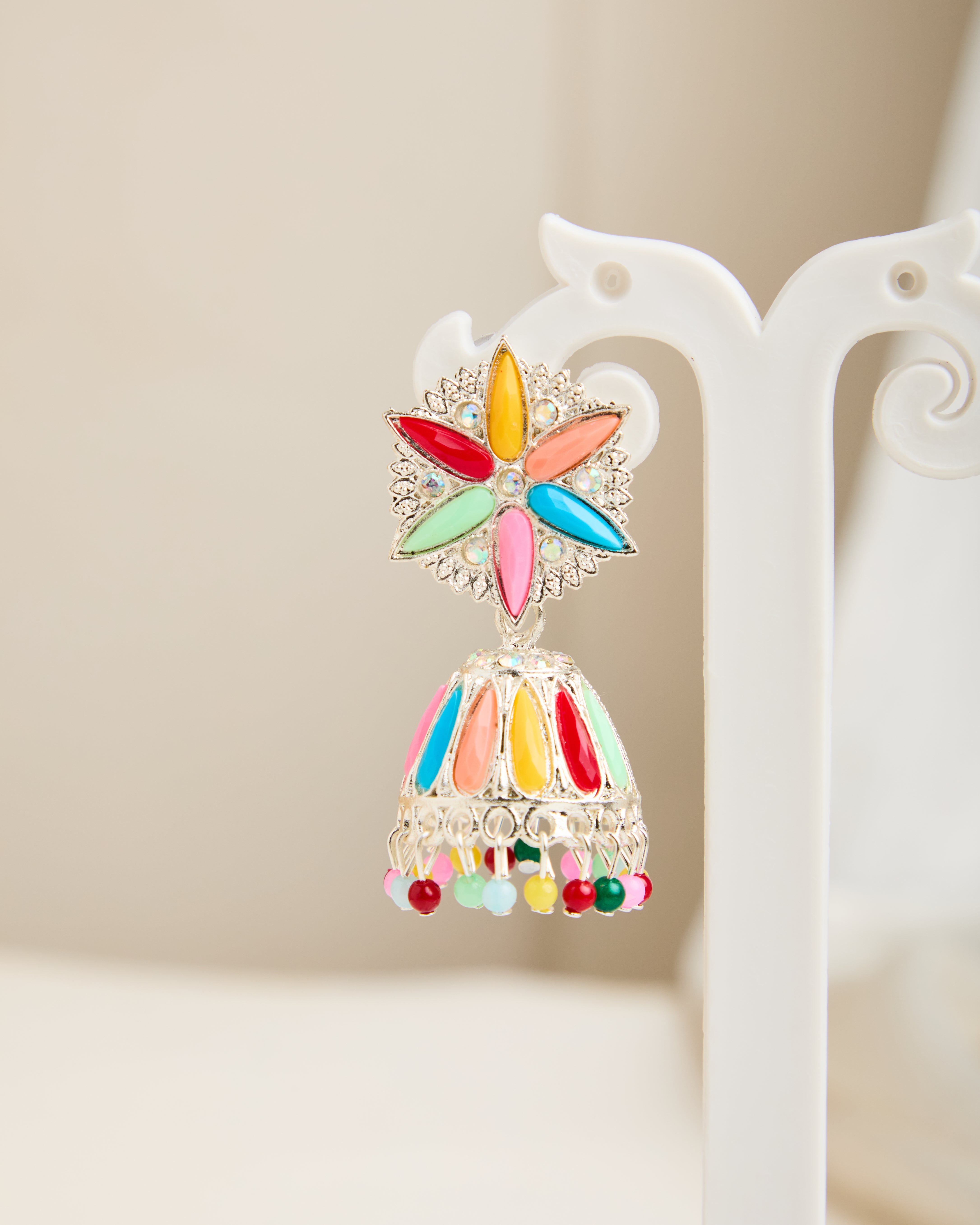 Silver Plate Multicolor Oxidised Snow Flake Jhumkas for Women