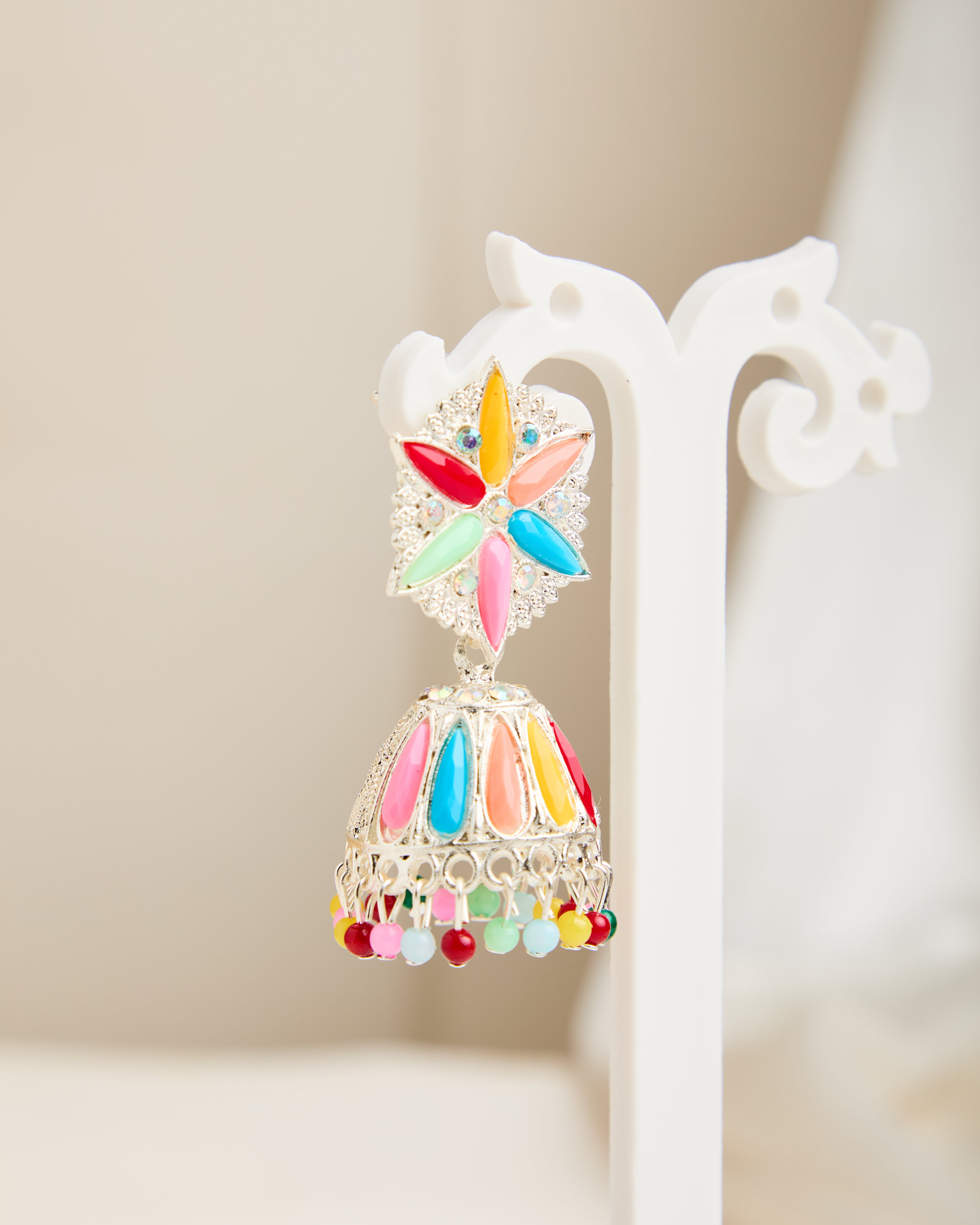 Silver Plate Multicolor Oxidised Snow Flake Jhumkas for Women