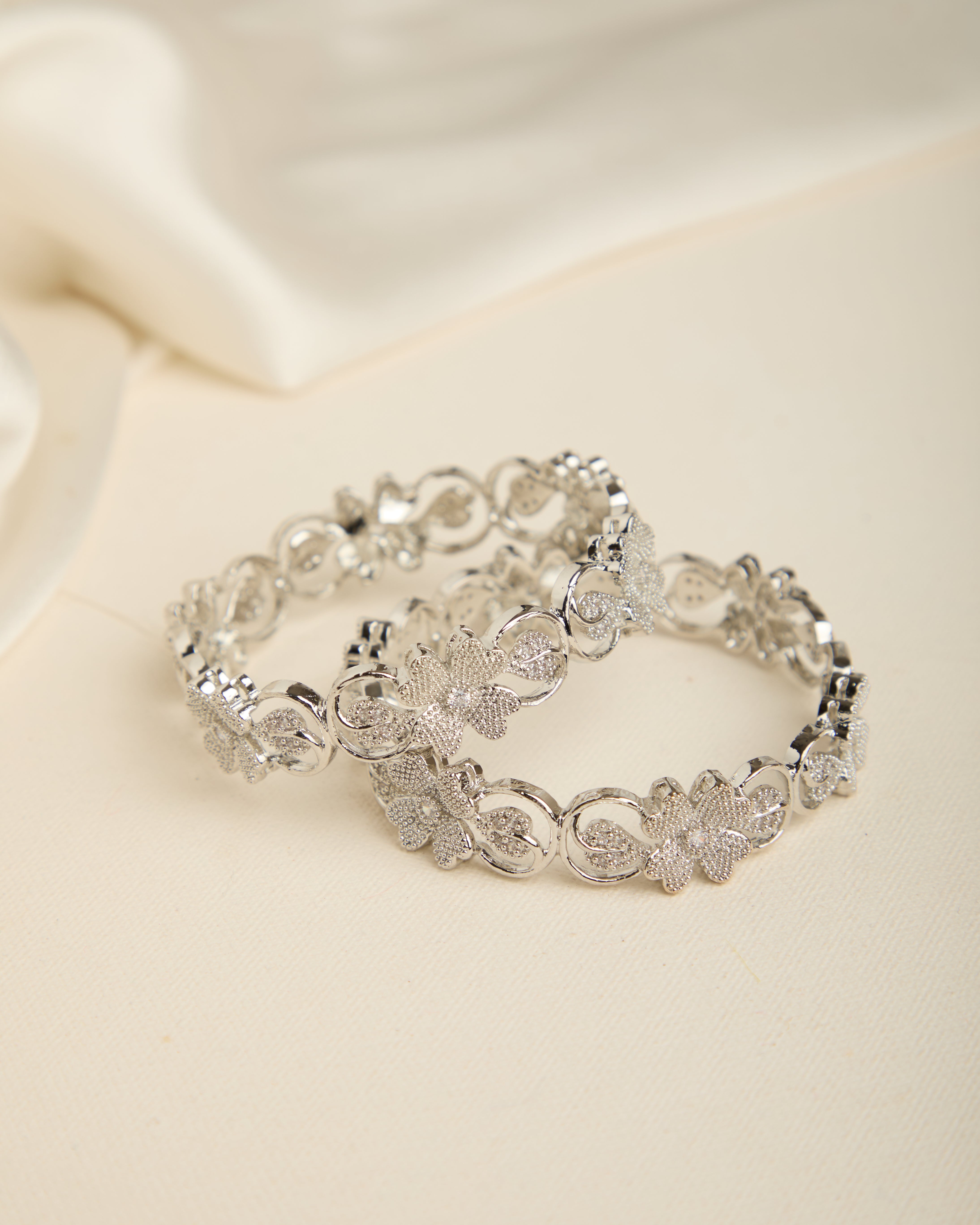 Silver Crystal American Diamond Floral Bangles for Women