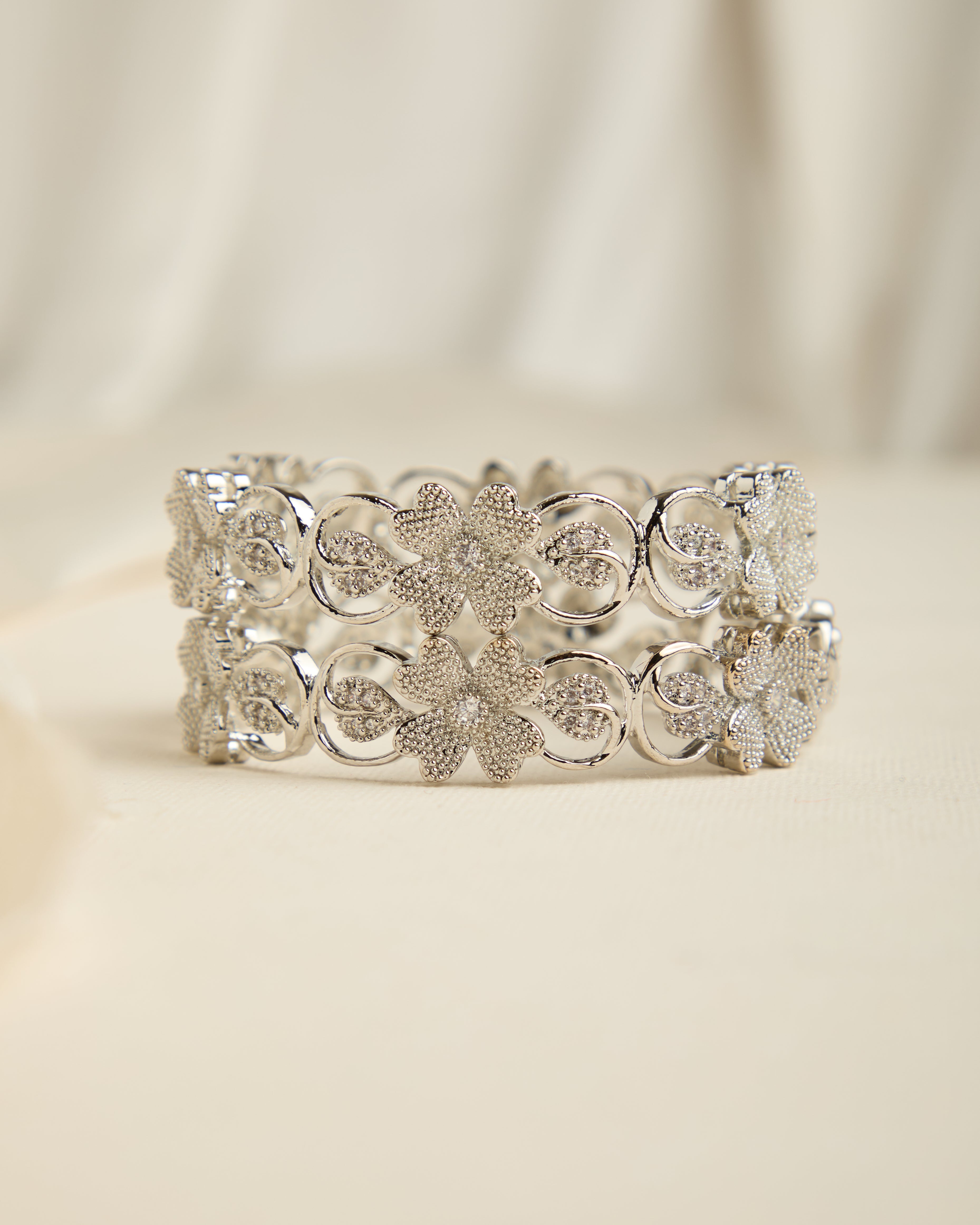 Silver Crystal American Diamond Floral Bangles for Women