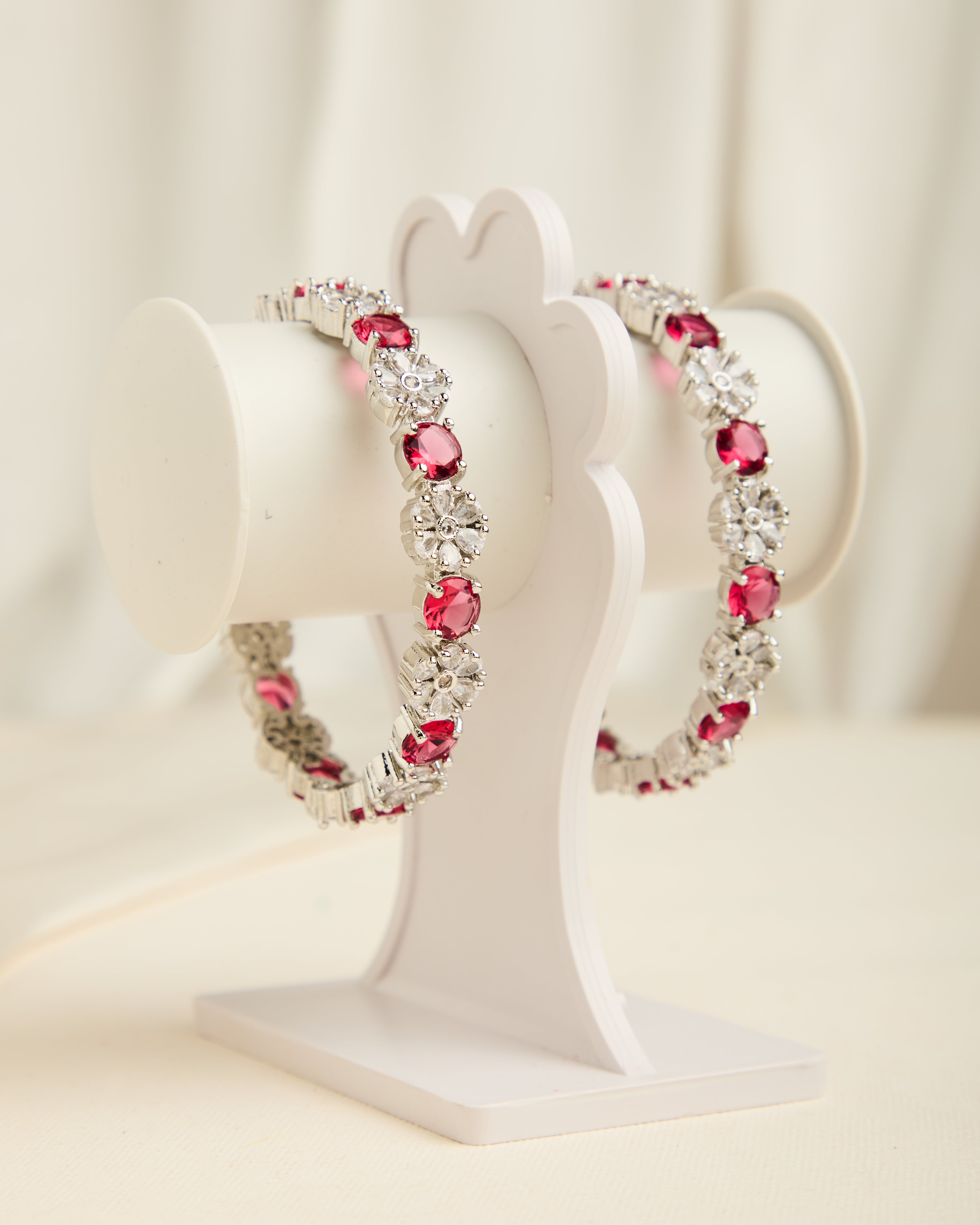 Silver Plated Red American Diamond Studded Set of 2 Bangles for Women