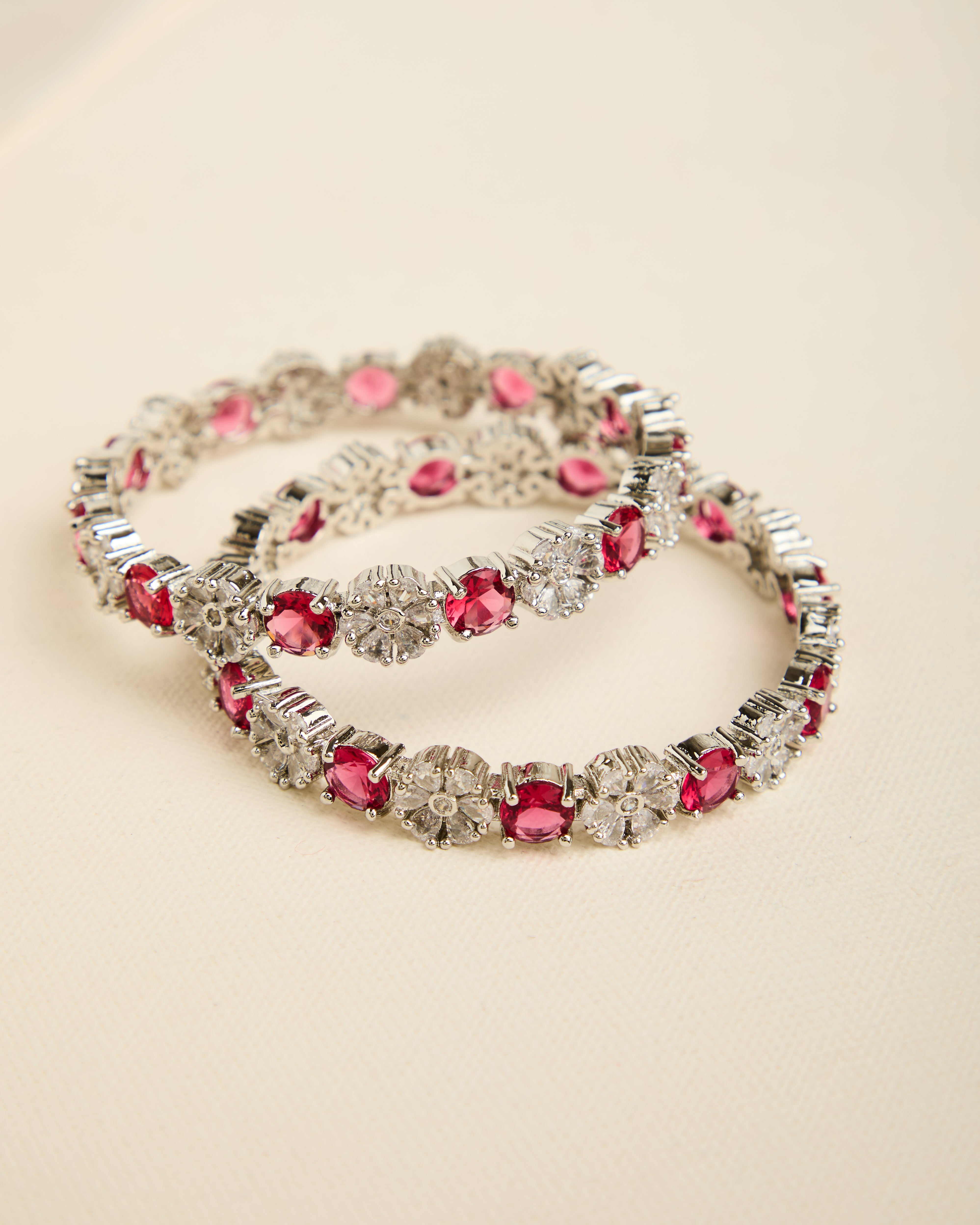 Silver Plated Red American Diamond Studded Set of 2 Bangles for Women