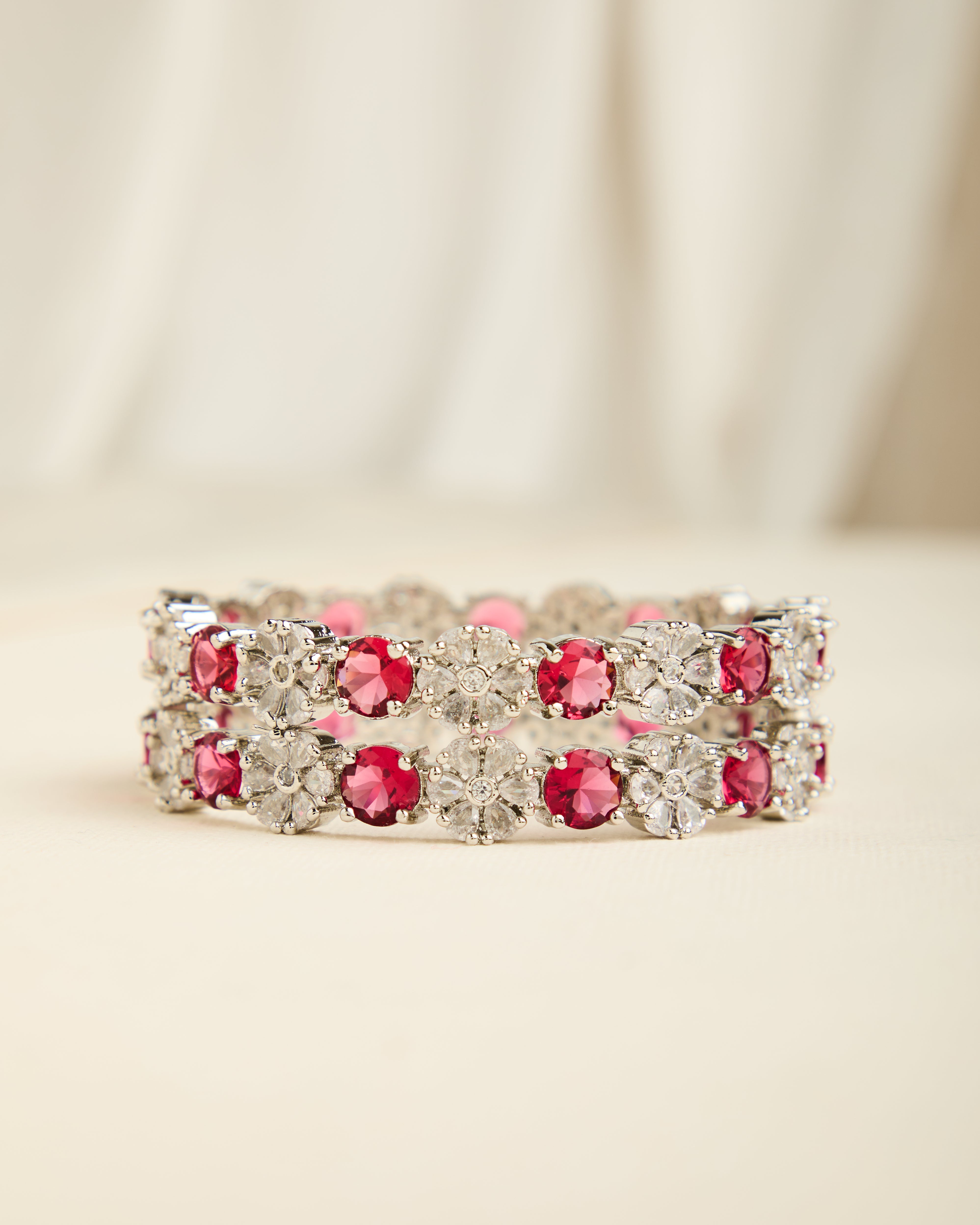 Silver Plated Red American Diamond Studded Set of 2 Bangles for Women